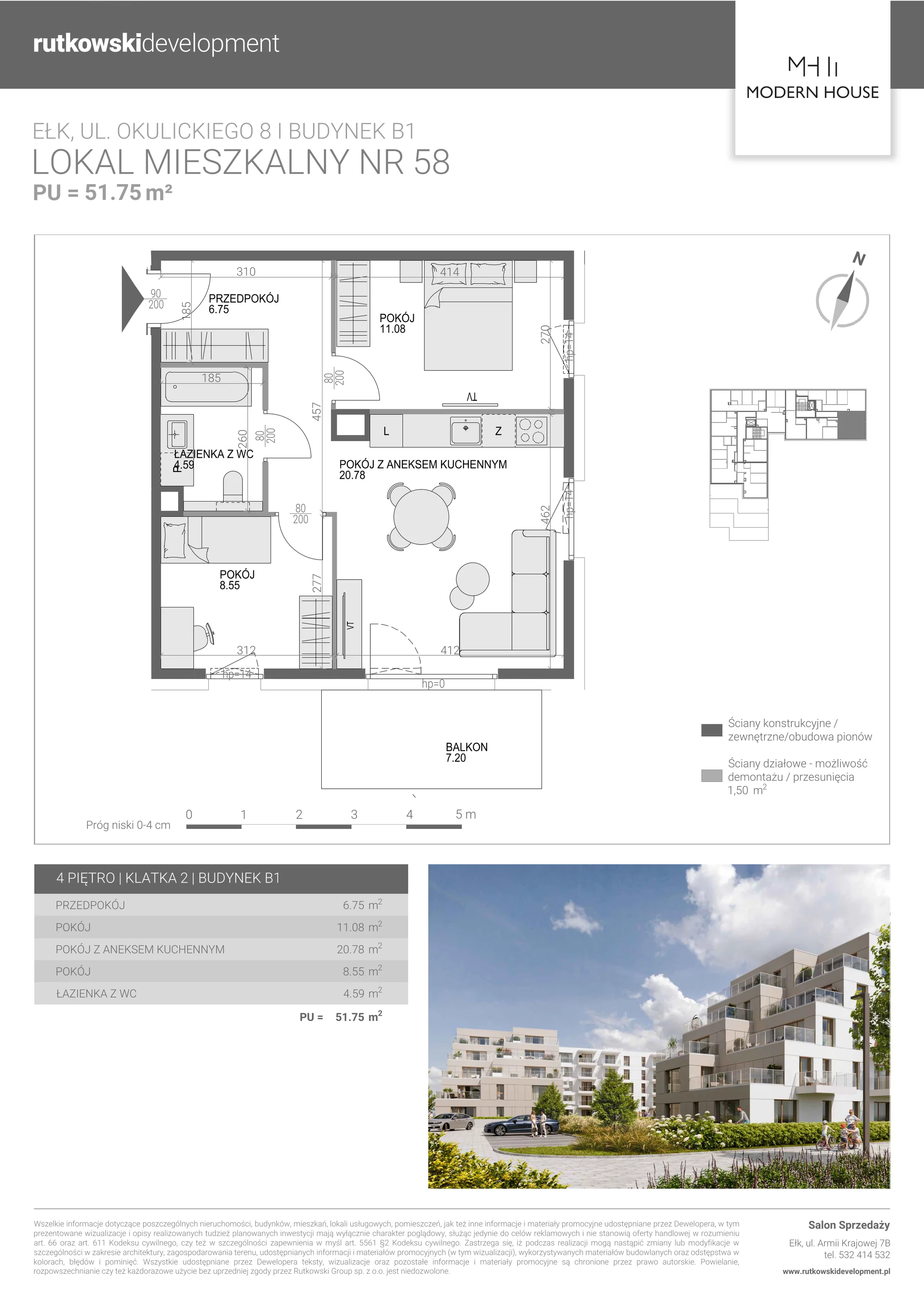3 pokoje, mieszkanie 51,52 m², piętro 4, oferta nr M-58, Modern House 2, Ełk, Konieczki, ul. Gen. Leopolda Okulickiego 8