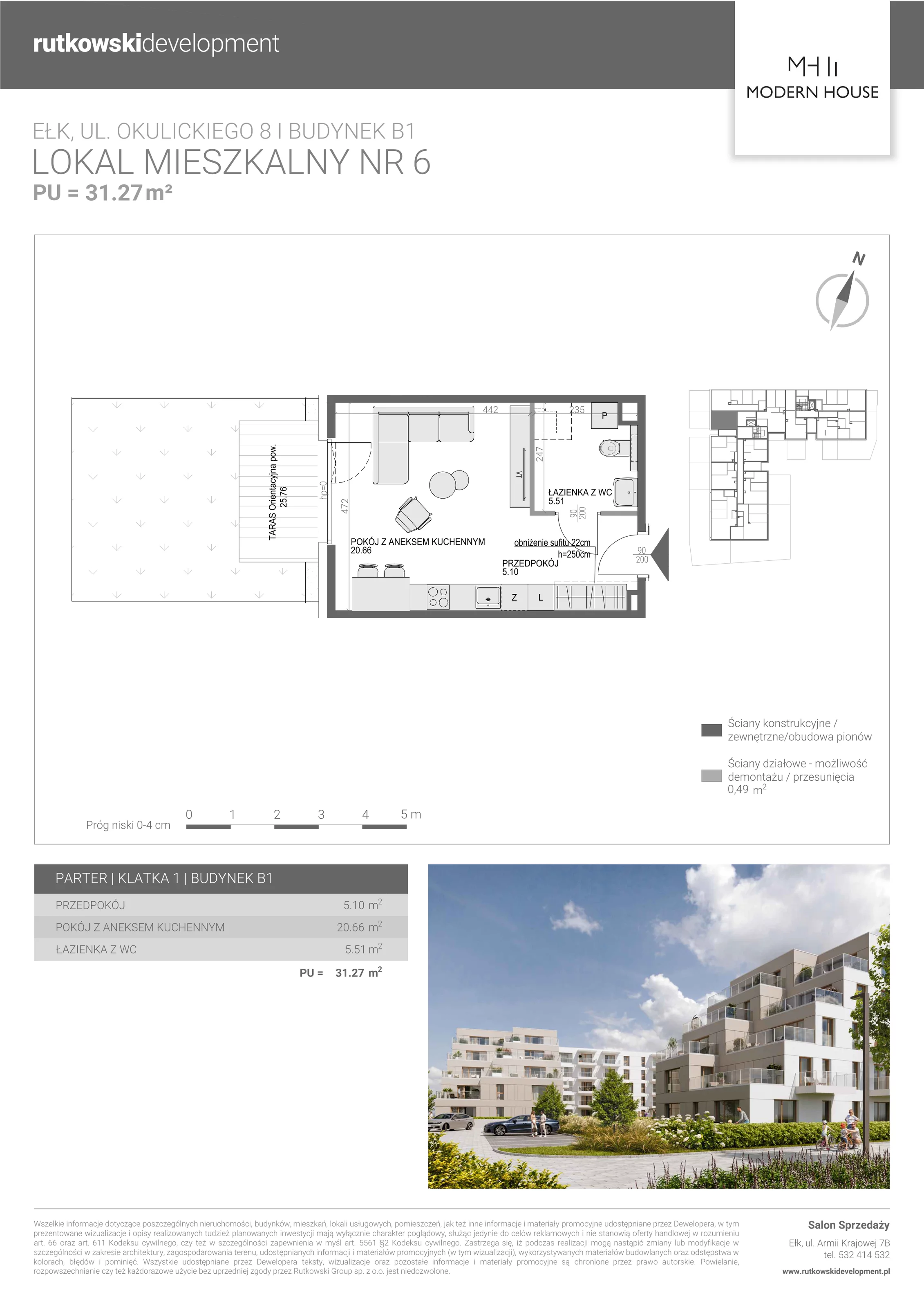 1 pokój, mieszkanie 31,10 m², parter, oferta nr M-6, Modern House 2, Ełk, Konieczki, ul. Gen. Leopolda Okulickiego 8
