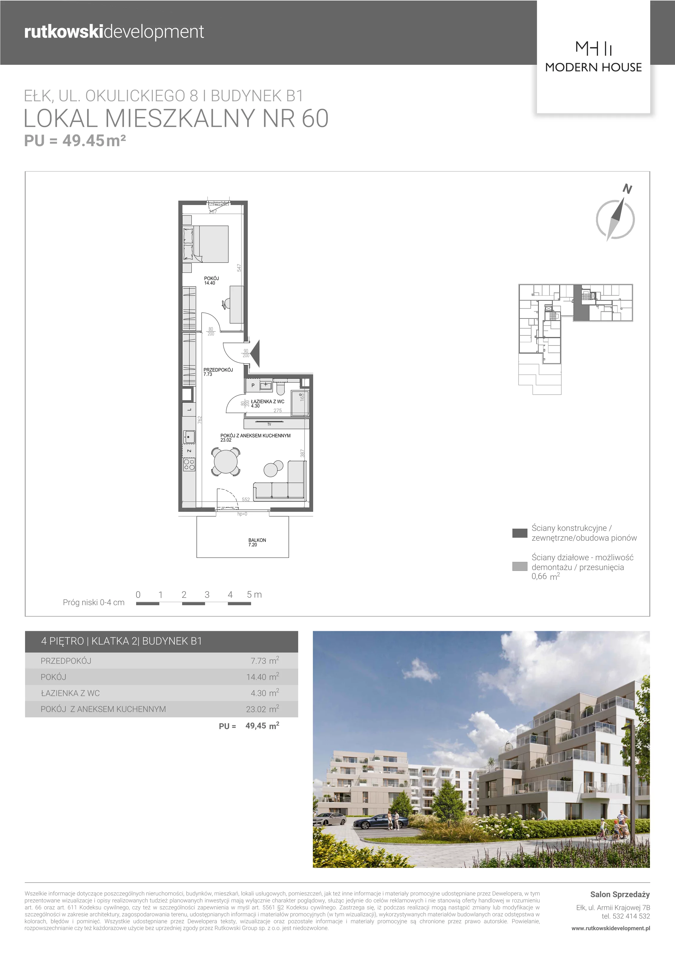 2 pokoje, mieszkanie 49,30 m², piętro 4, oferta nr M-60, Modern House 2, Ełk, Konieczki, ul. Gen. Leopolda Okulickiego 8