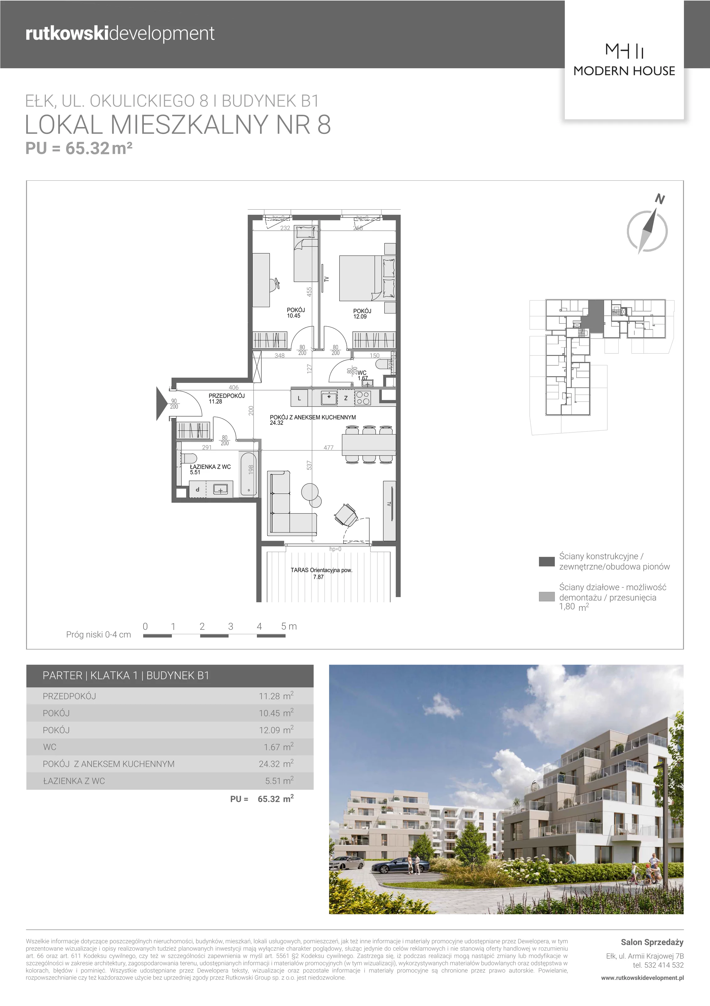 3 pokoje, mieszkanie 65,04 m², parter, oferta nr M-8, Modern House 2, Ełk, Konieczki, ul. Gen. Leopolda Okulickiego 8