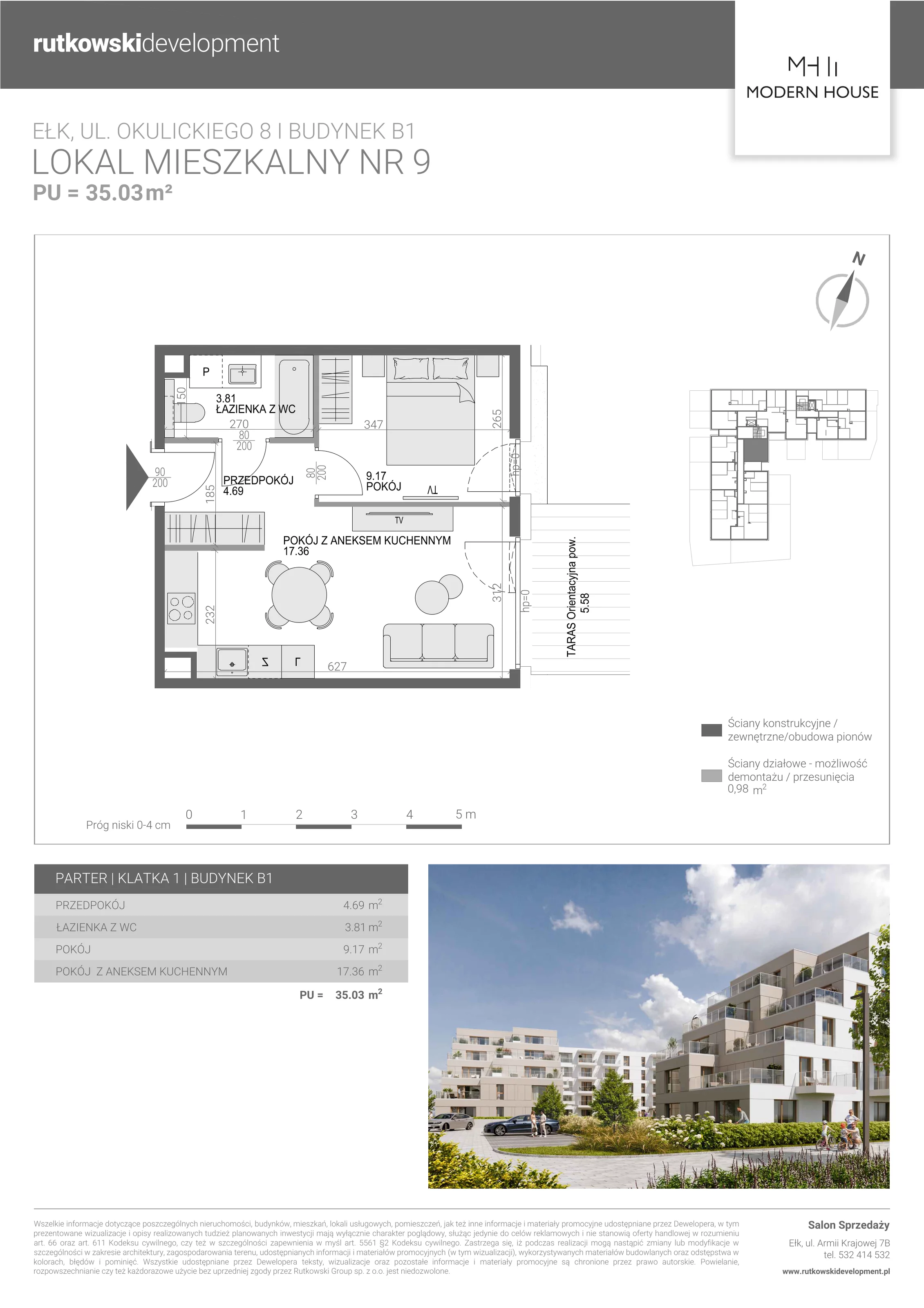 2 pokoje, mieszkanie 34,85 m², parter, oferta nr M-9, Modern House 2, Ełk, Konieczki, ul. Gen. Leopolda Okulickiego 8