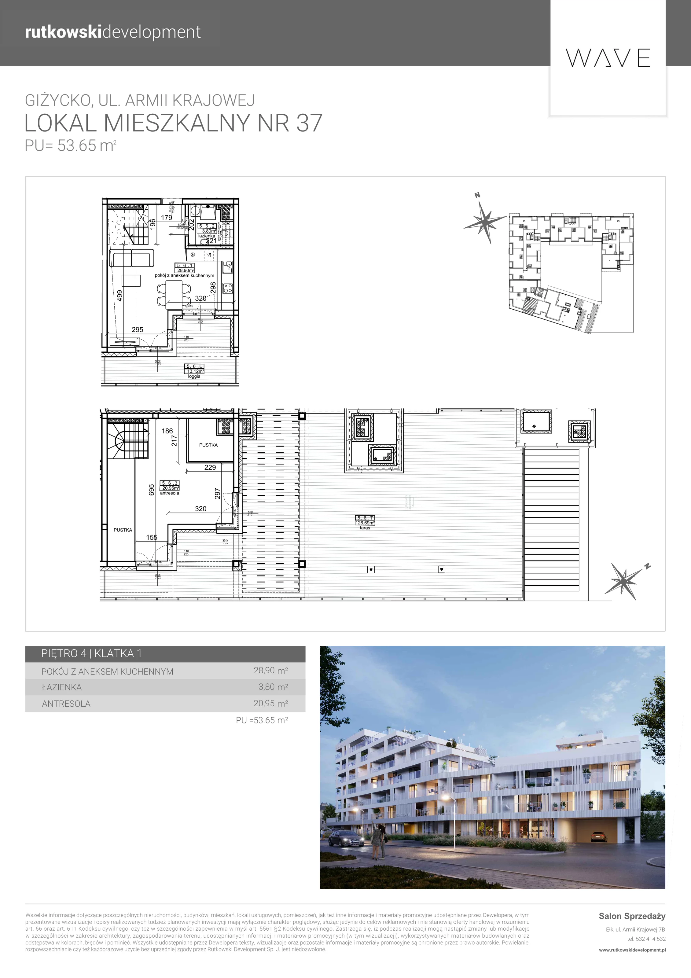 1 pokój, apartament 53,65 m², piętro 4, oferta nr 37, Wave - Etap 2, Giżycko, ul. Armii Krajowej