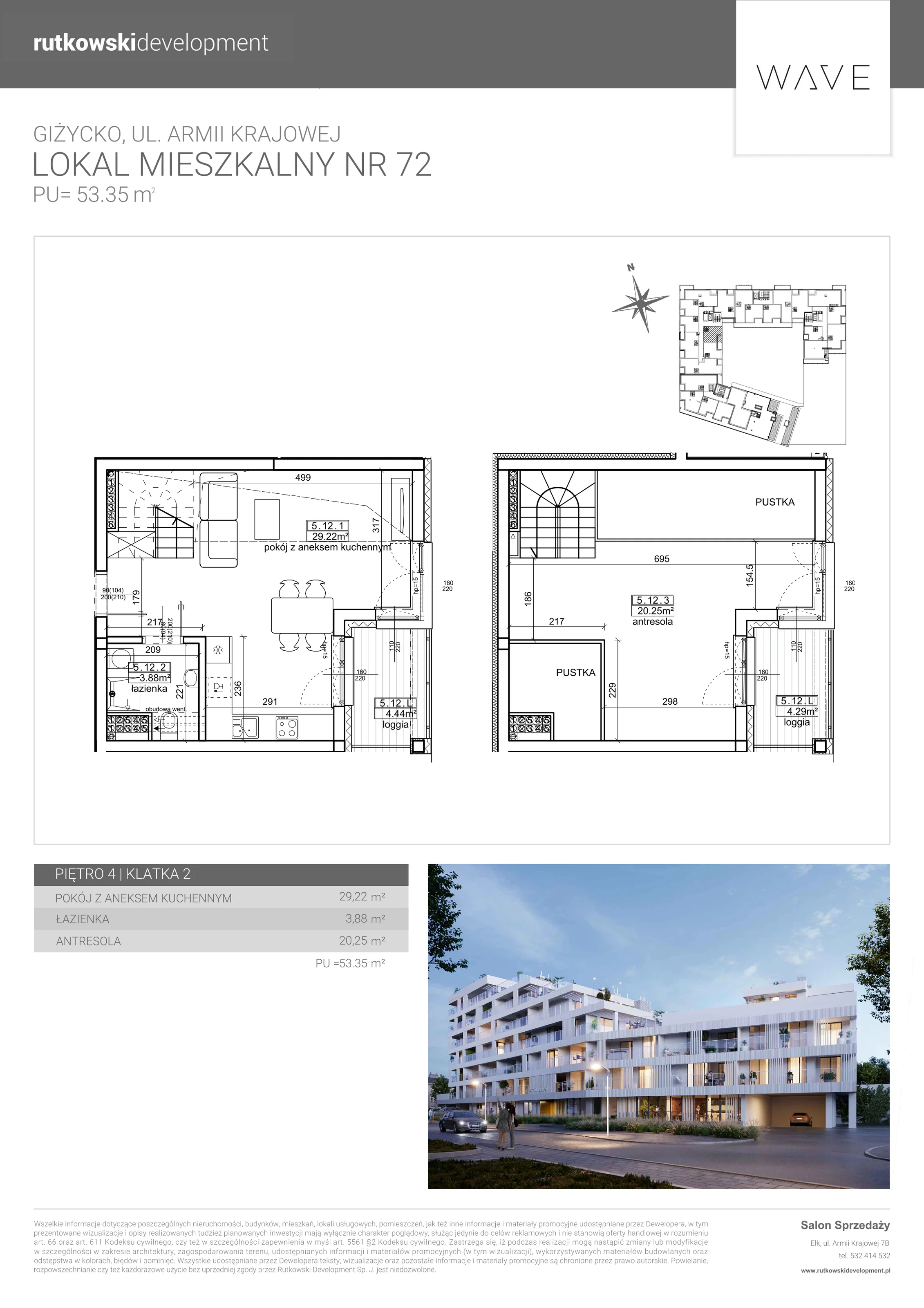 1 pokój, apartament 53,35 m², piętro 4, oferta nr 72, Wave - Etap 2, Giżycko, ul. Armii Krajowej