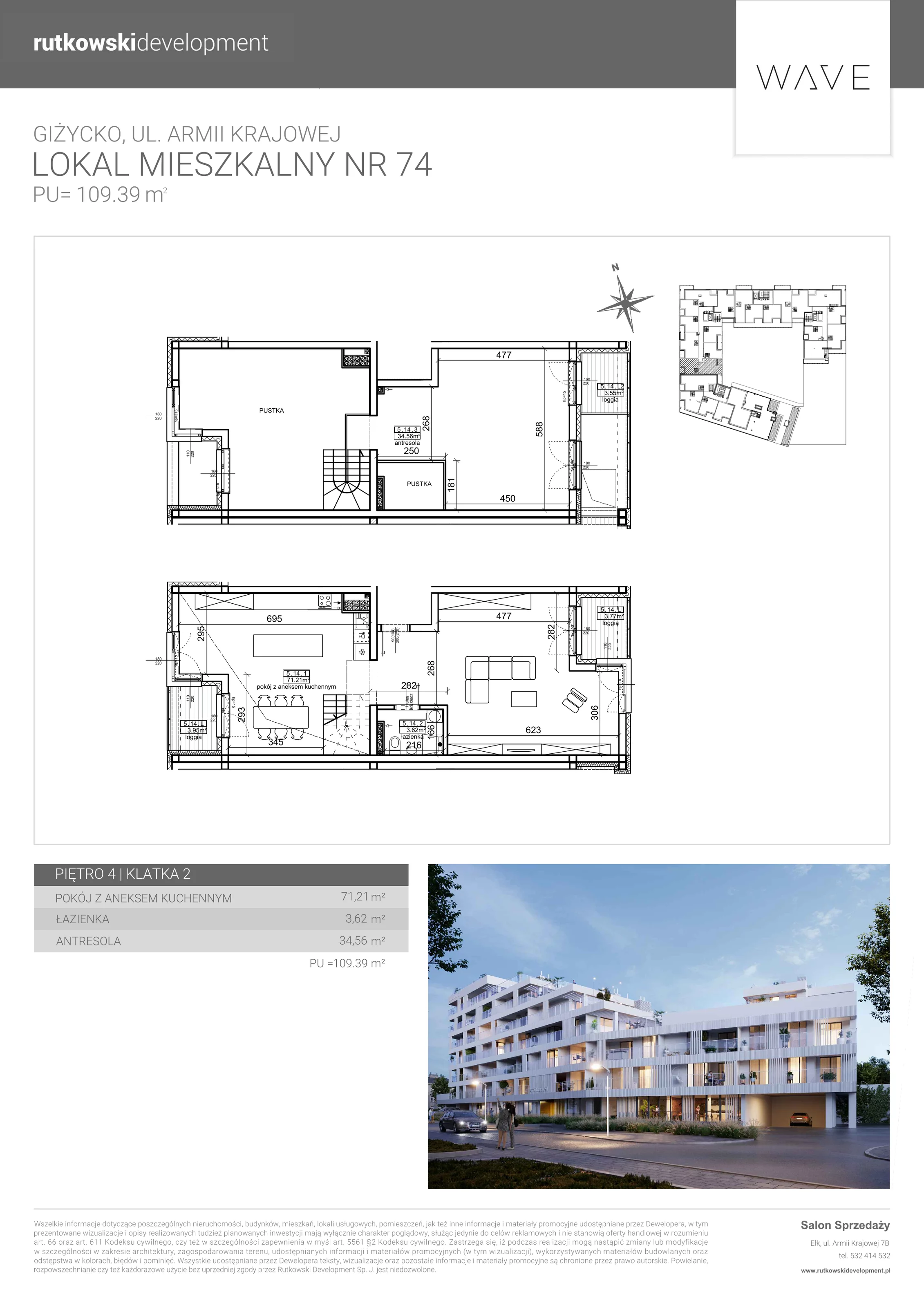 2 pokoje, apartament 113,76 m², piętro 4, oferta nr 74, Wave - Etap 2, Giżycko, ul. Armii Krajowej