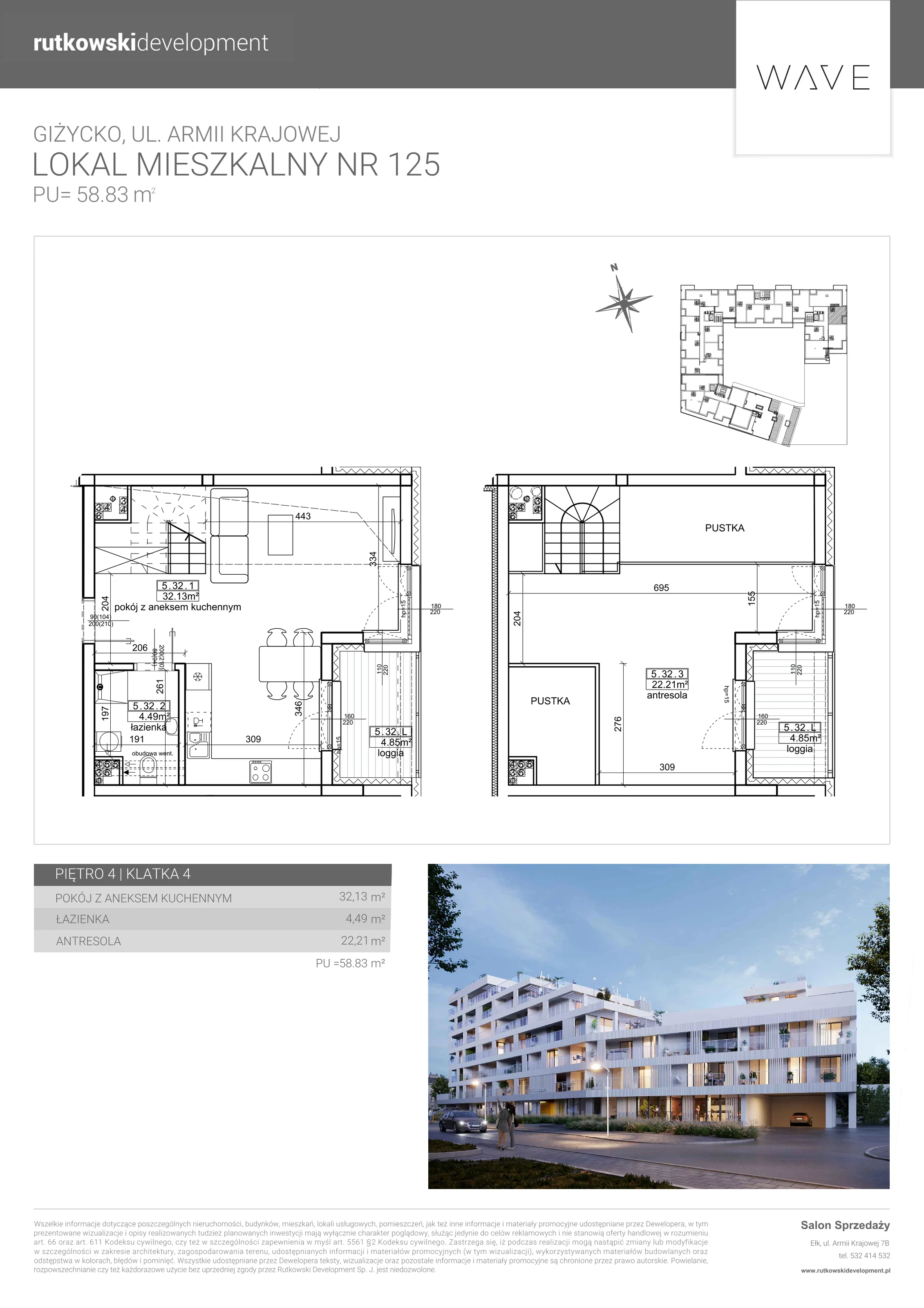 3 pokoje, apartament 58,83 m², piętro 4, oferta nr M-125, Wave - Etap 1, Giżycko, ul. Armii Krajowej