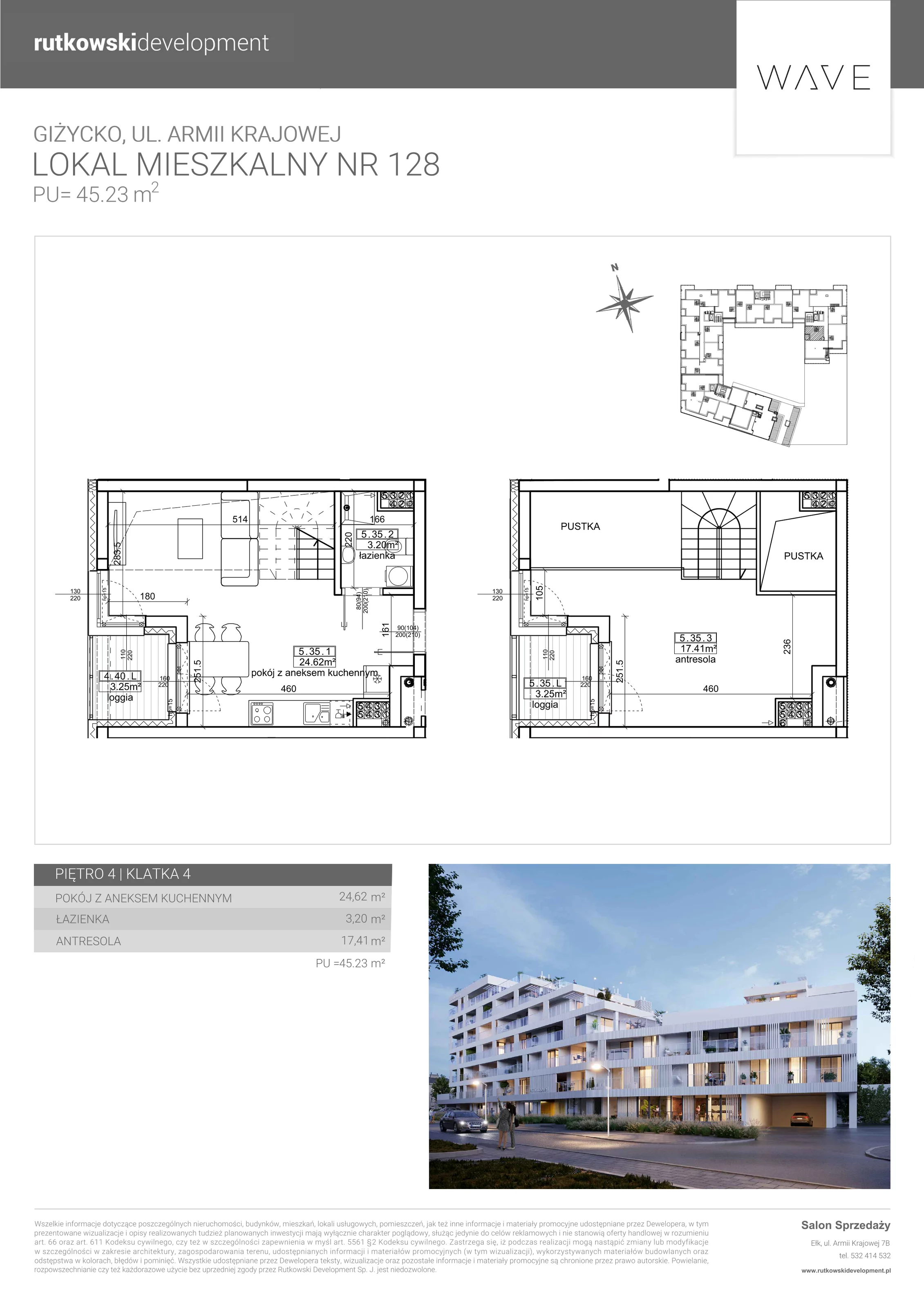 2 pokoje, apartament 45,23 m², piętro 4, oferta nr M-128, Wave - Etap 1, Giżycko, ul. Armii Krajowej