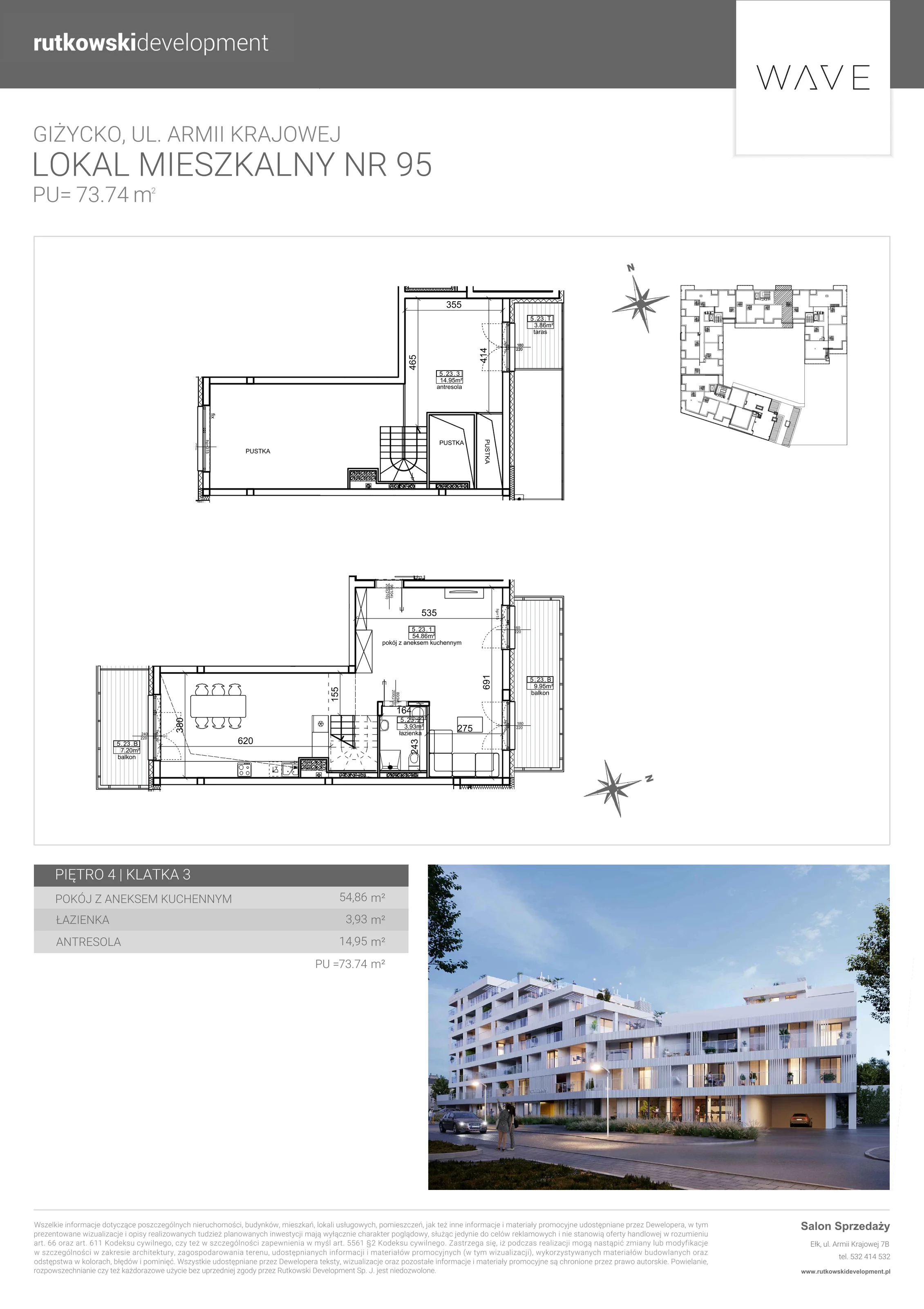 4 pokoje, apartament 73,74 m², piętro 4, oferta nr M-95, Wave - Etap 1, Giżycko, ul. Armii Krajowej