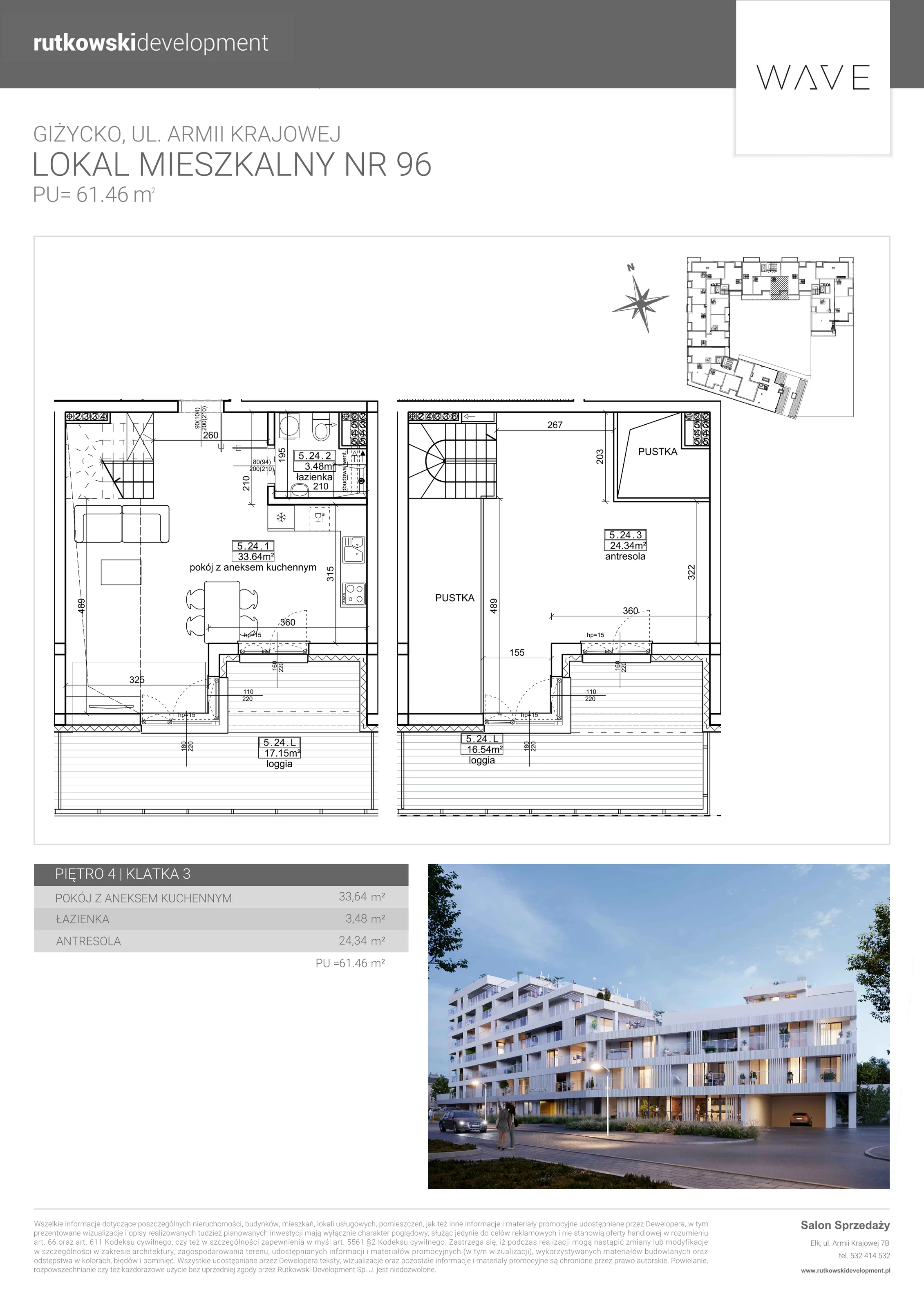 3 pokoje, apartament 61,46 m², piętro 4, oferta nr M-96, Wave - Etap 1, Giżycko, ul. Armii Krajowej