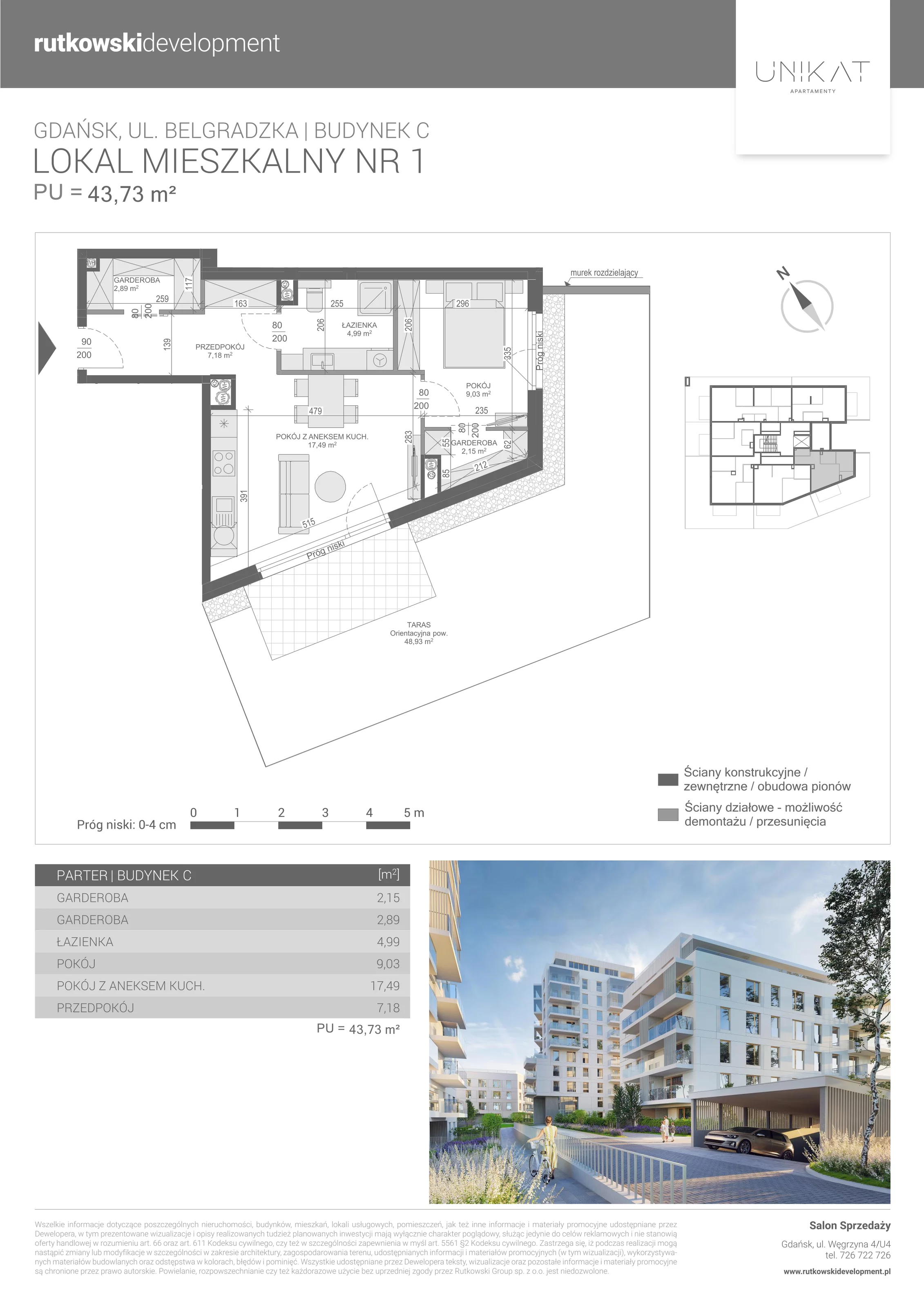 2 pokoje, mieszkanie 43,73 m², parter, oferta nr 1, Unikat Apartamenty C, Gdańsk, Piecki-Migowo, Morena, ul. Belgradzka 114