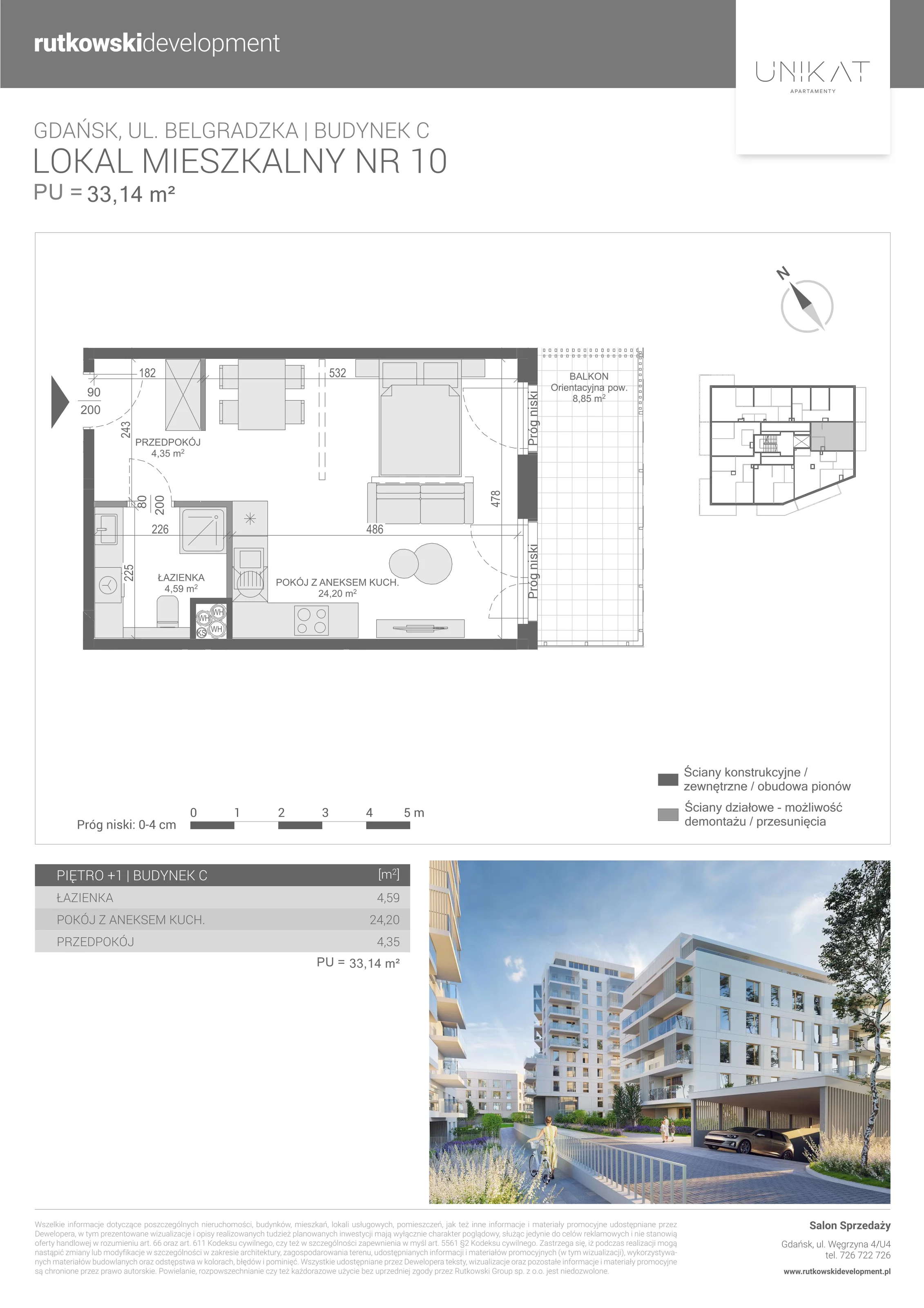 1 pokój, mieszkanie 33,14 m², piętro 1, oferta nr 10, Unikat Apartamenty C, Gdańsk, Piecki-Migowo, Morena, ul. Belgradzka 114