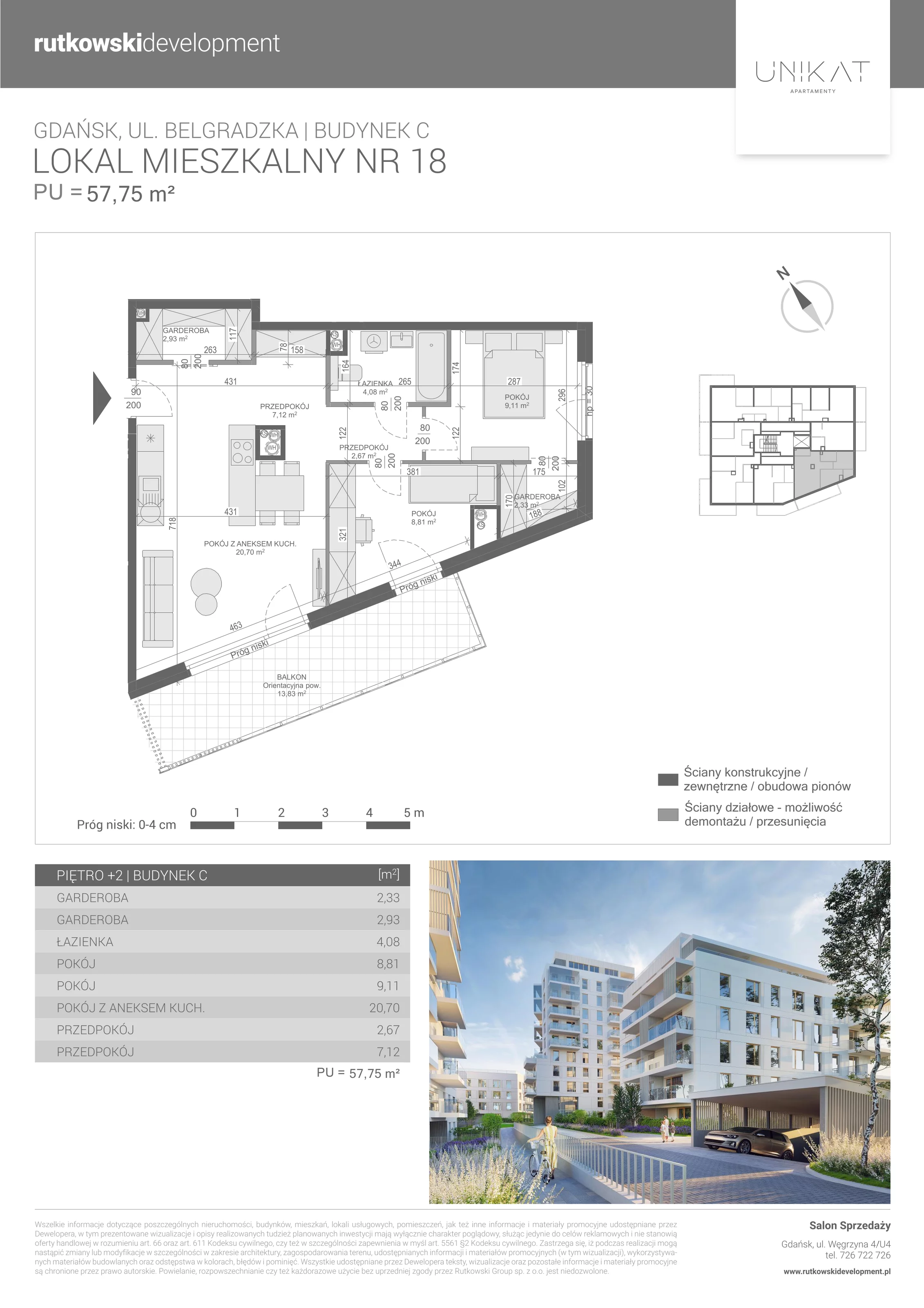 3 pokoje, mieszkanie 57,75 m², piętro 2, oferta nr 18, Unikat Apartamenty C, Gdańsk, Piecki-Migowo, Morena, ul. Belgradzka 114