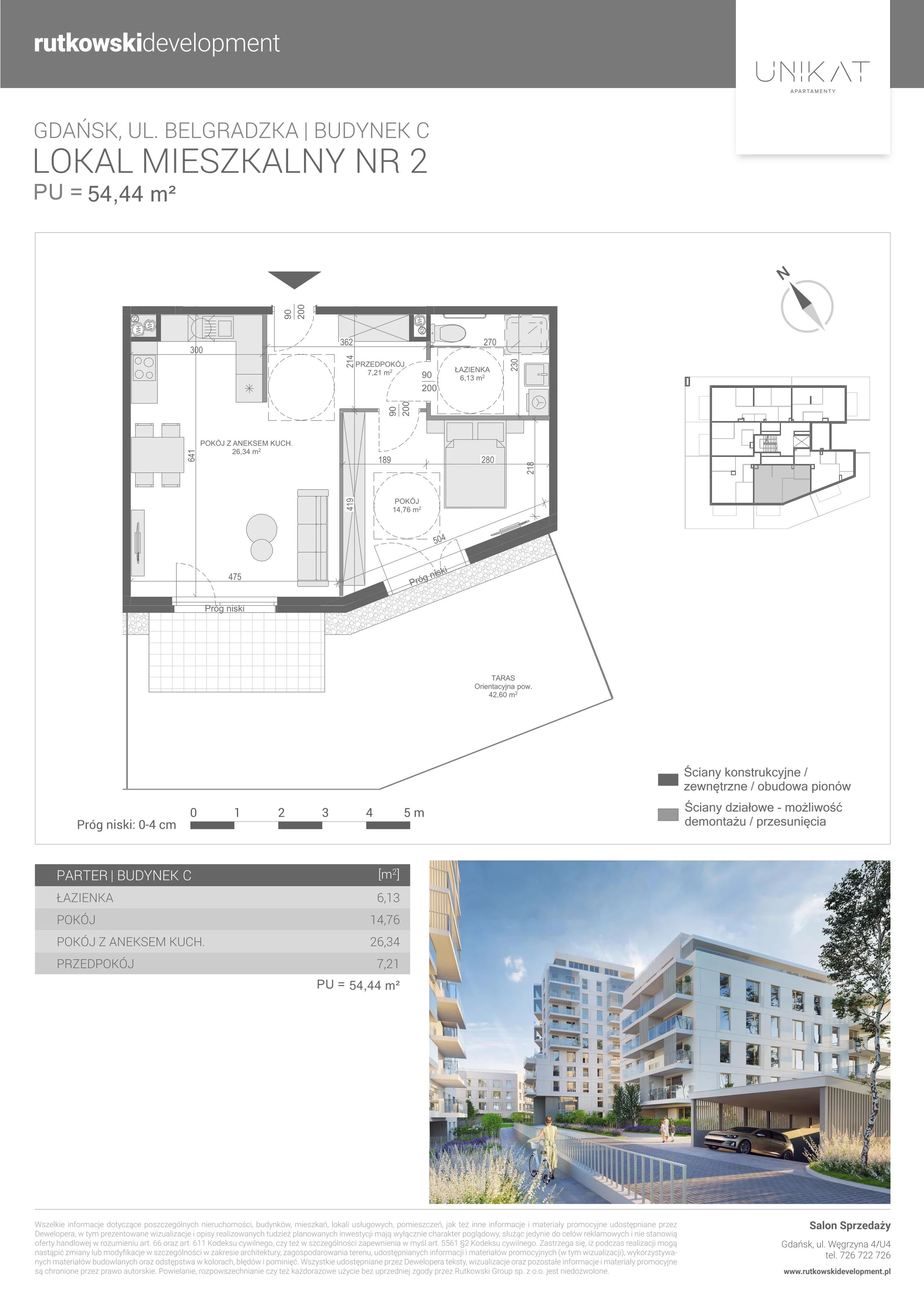 2 pokoje, mieszkanie 54,44 m², parter, oferta nr 2, Unikat Apartamenty C, Gdańsk, Piecki-Migowo, Morena, ul. Belgradzka 114