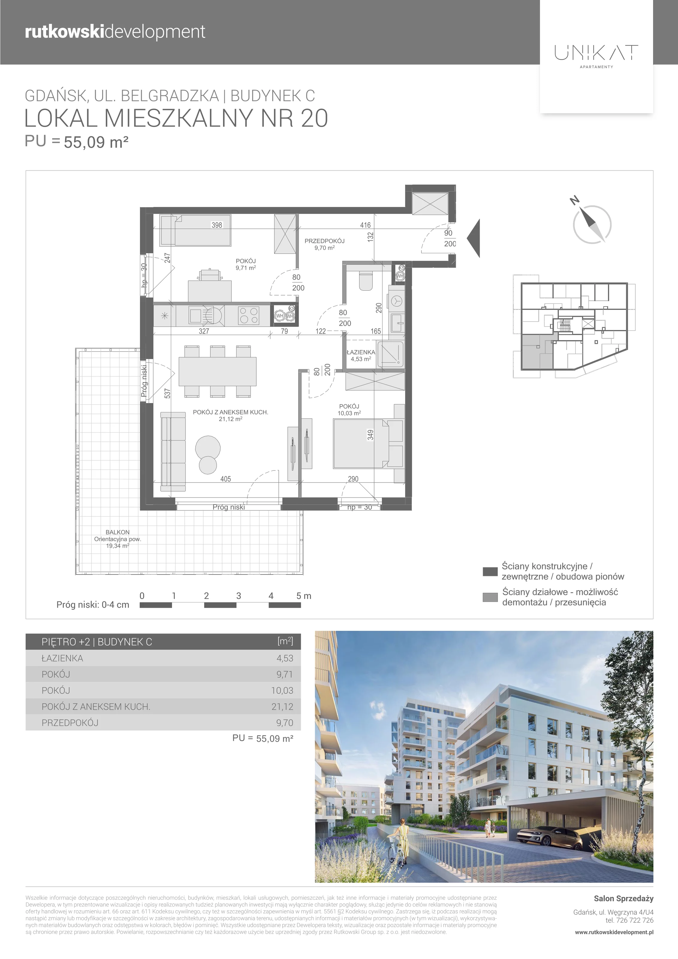 3 pokoje, mieszkanie 55,09 m², piętro 2, oferta nr 20, Unikat Apartamenty C, Gdańsk, Piecki-Migowo, Morena, ul. Belgradzka 114