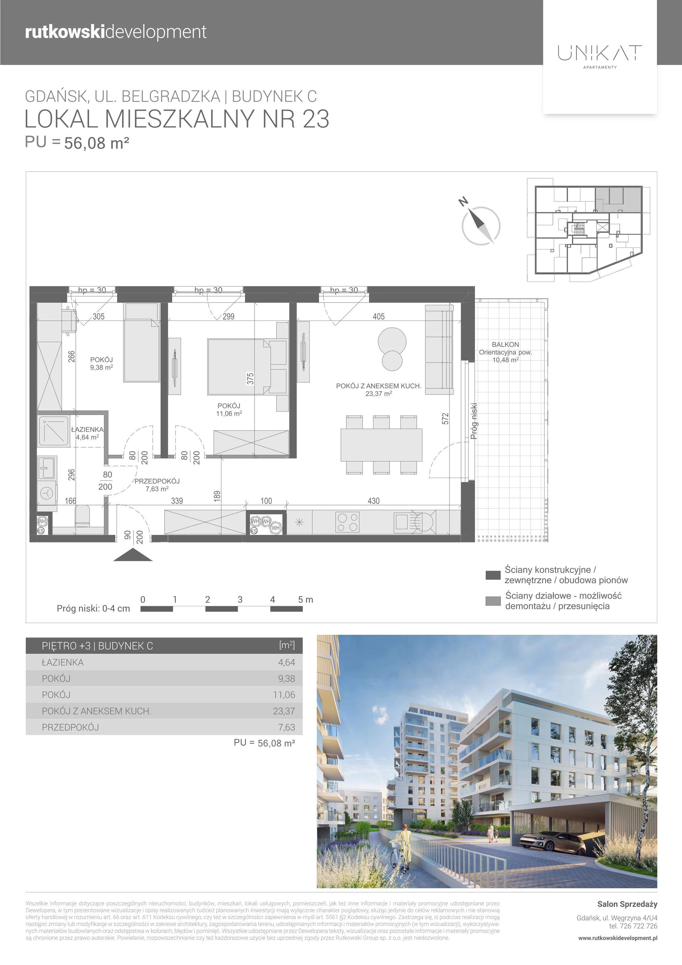 3 pokoje, mieszkanie 56,08 m², piętro 3, oferta nr 23, Unikat Apartamenty C, Gdańsk, Piecki-Migowo, Morena, ul. Belgradzka 114