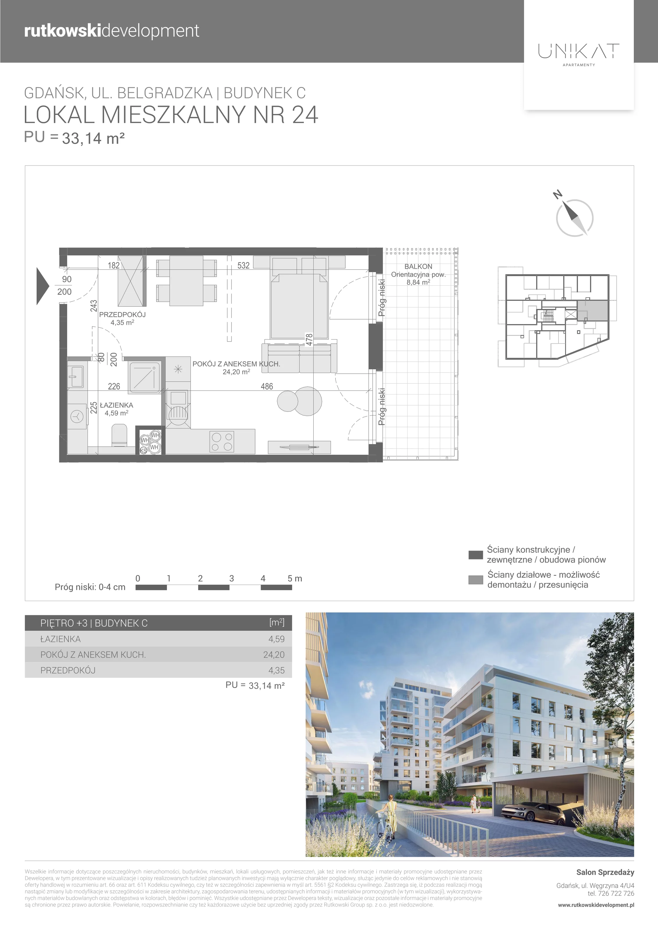 1 pokój, mieszkanie 33,14 m², piętro 3, oferta nr 24, Unikat Apartamenty C, Gdańsk, Piecki-Migowo, Morena, ul. Belgradzka 114
