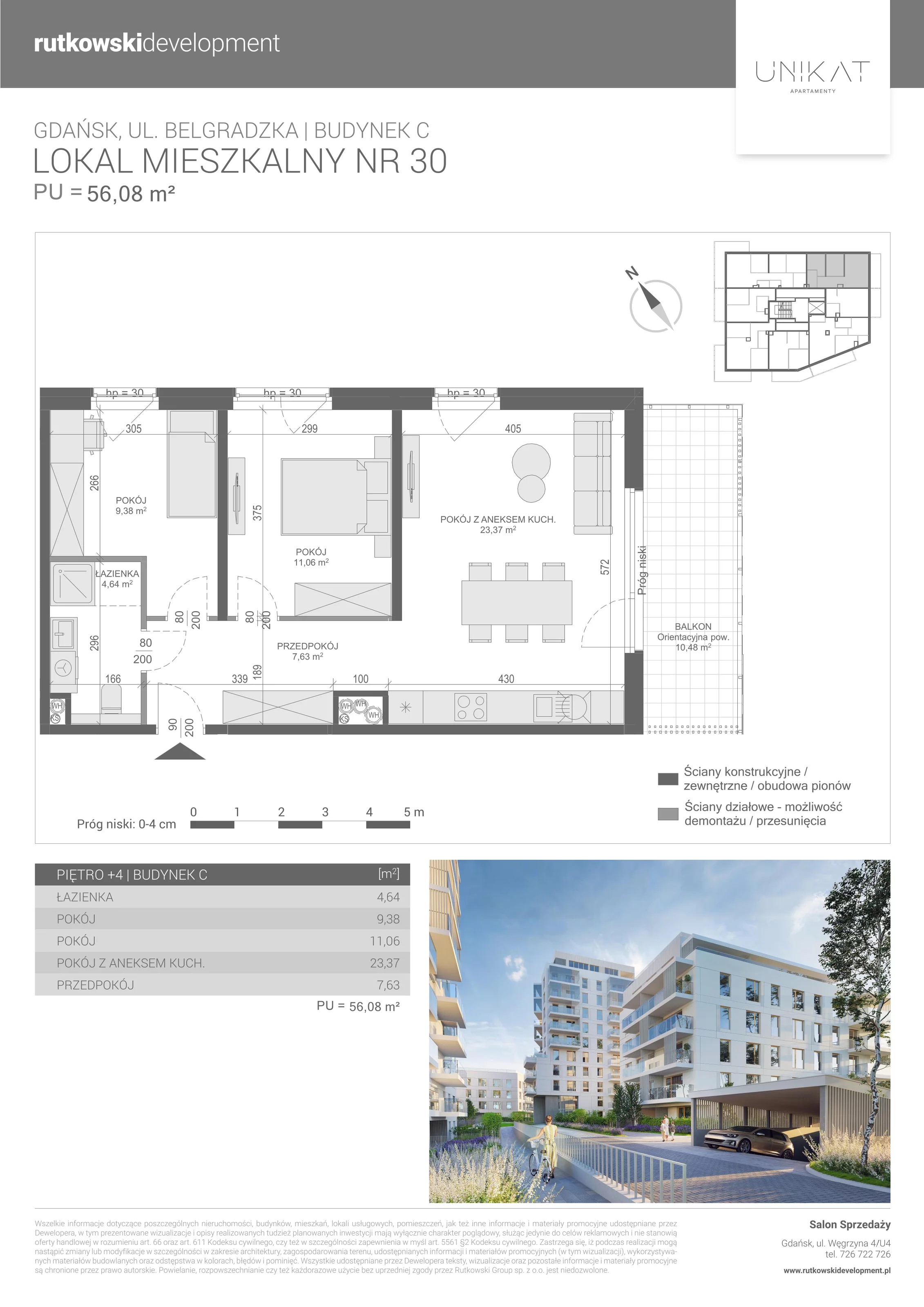 3 pokoje, mieszkanie 56,08 m², piętro 4, oferta nr 30, Unikat Apartamenty C, Gdańsk, Piecki-Migowo, Morena, ul. Belgradzka 114