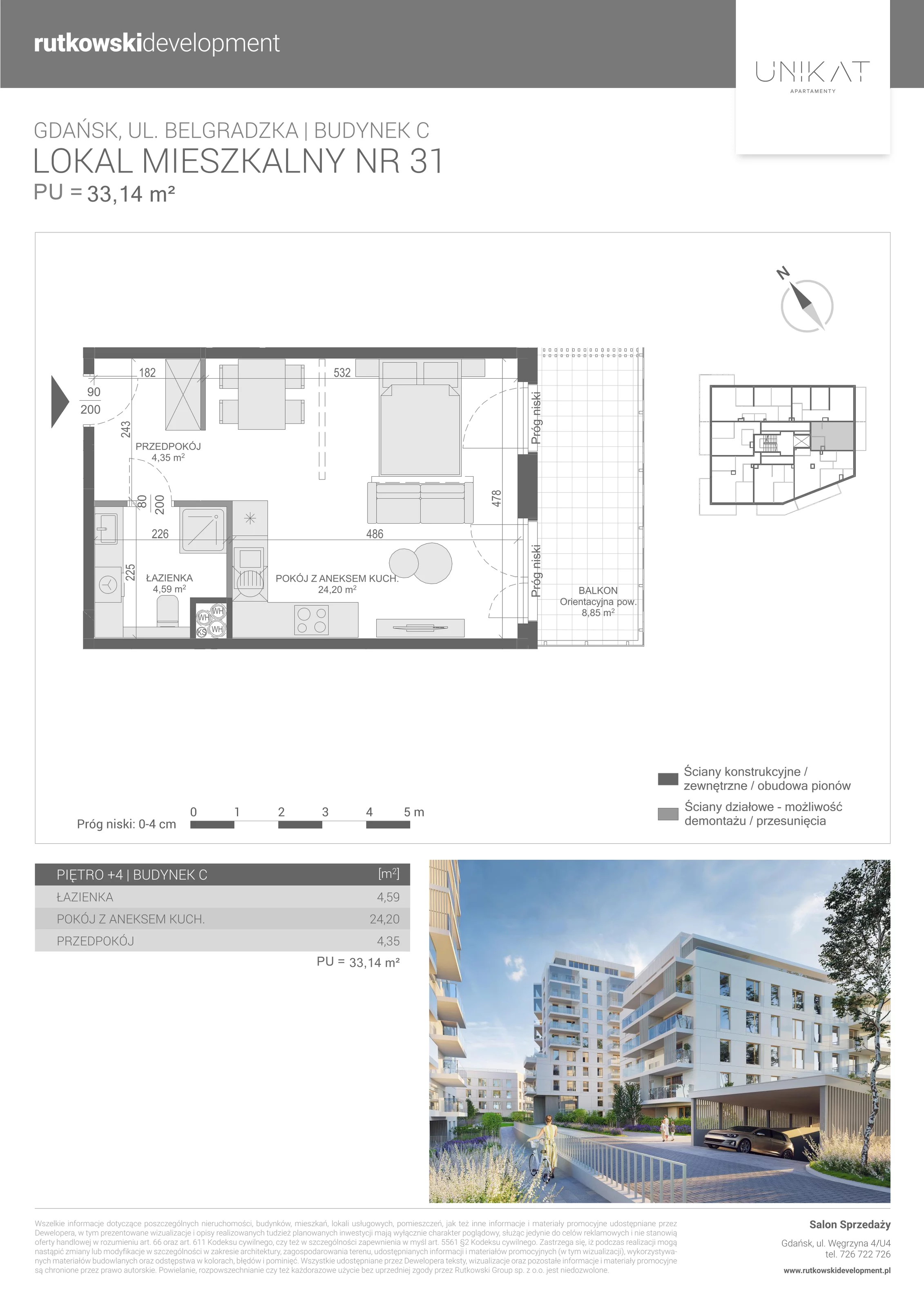 1 pokój, mieszkanie 33,14 m², piętro 4, oferta nr 31, Unikat Apartamenty C, Gdańsk, Piecki-Migowo, Morena, ul. Belgradzka 114