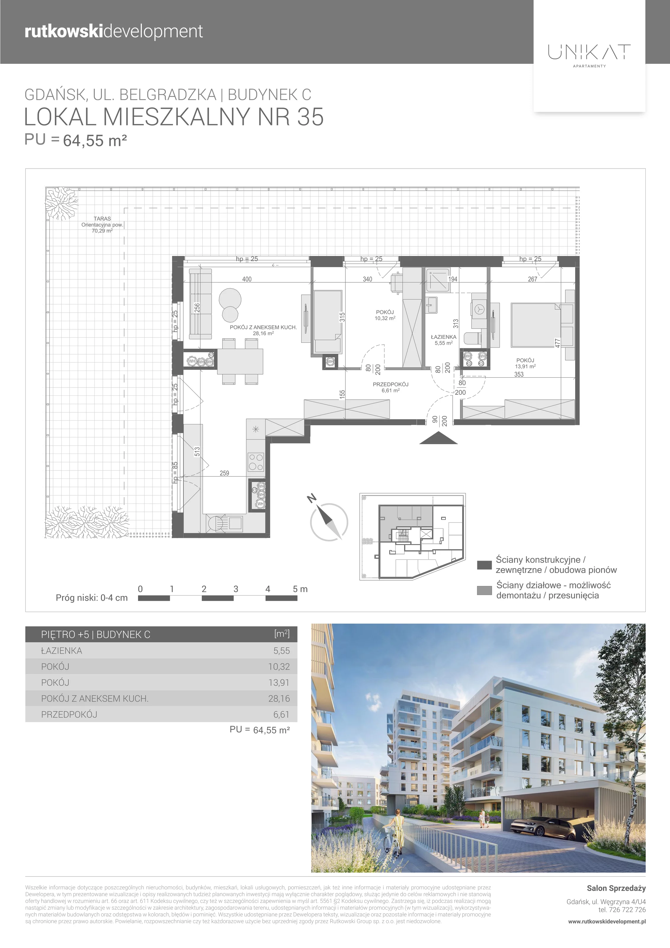 3 pokoje, mieszkanie 64,55 m², piętro 5, oferta nr 35, Unikat Apartamenty C, Gdańsk, Piecki-Migowo, Morena, ul. Belgradzka 114