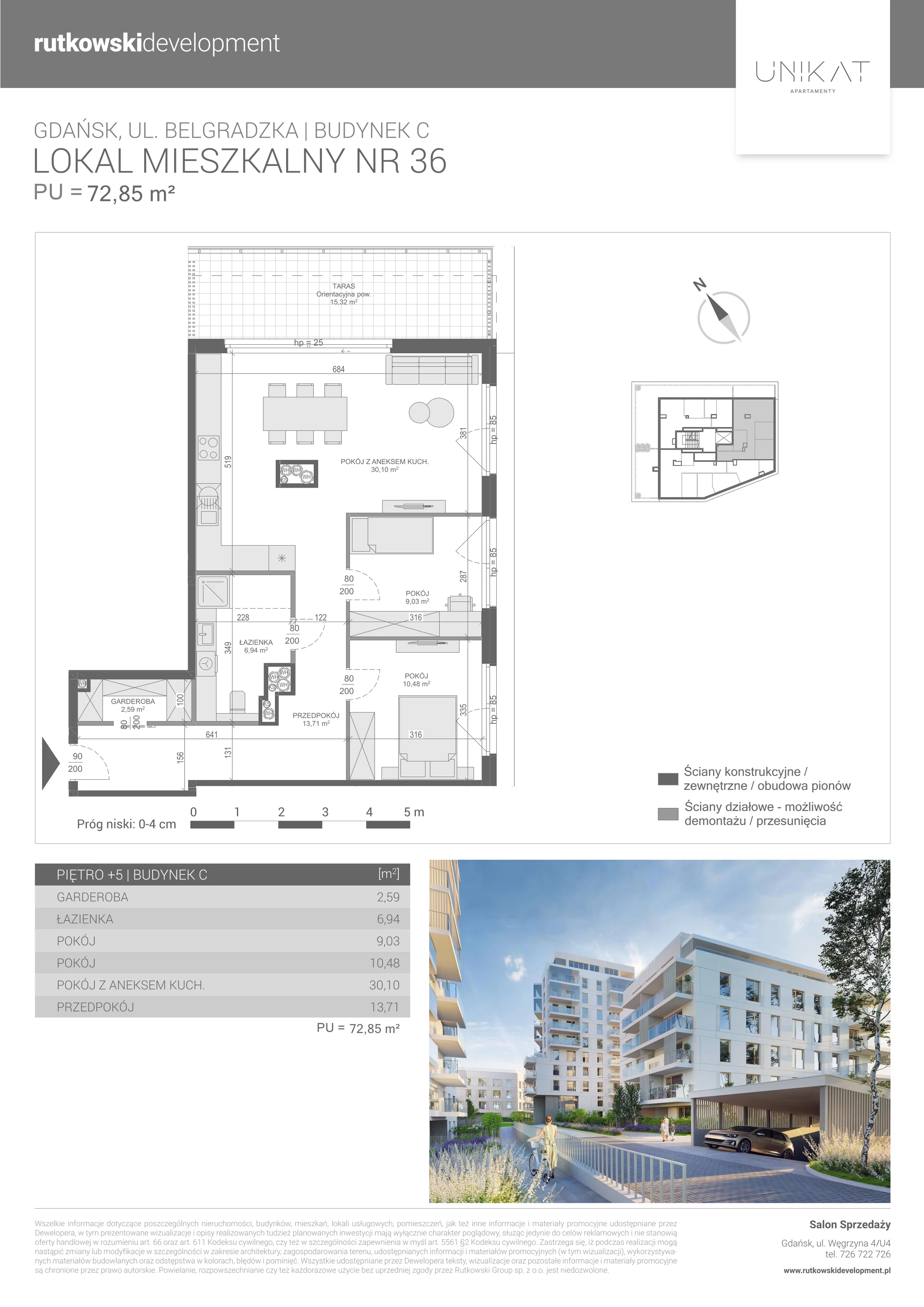 3 pokoje, mieszkanie 72,85 m², piętro 5, oferta nr 36, Unikat Apartamenty C, Gdańsk, Piecki-Migowo, Morena, ul. Belgradzka 114