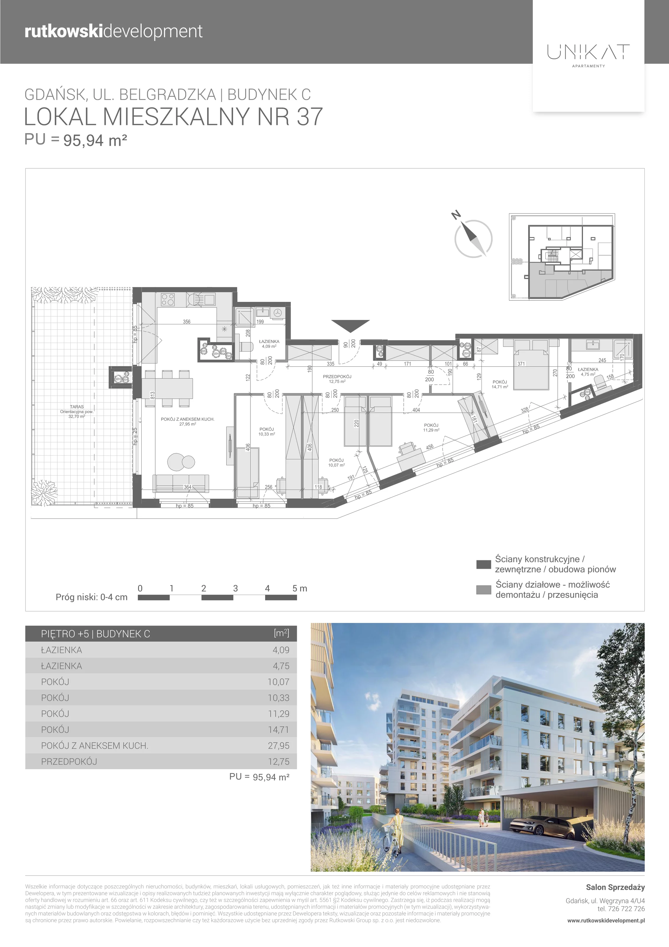 5 pokoi, mieszkanie 95,94 m², piętro 5, oferta nr 37, Unikat Apartamenty C, Gdańsk, Piecki-Migowo, Morena, ul. Belgradzka 114