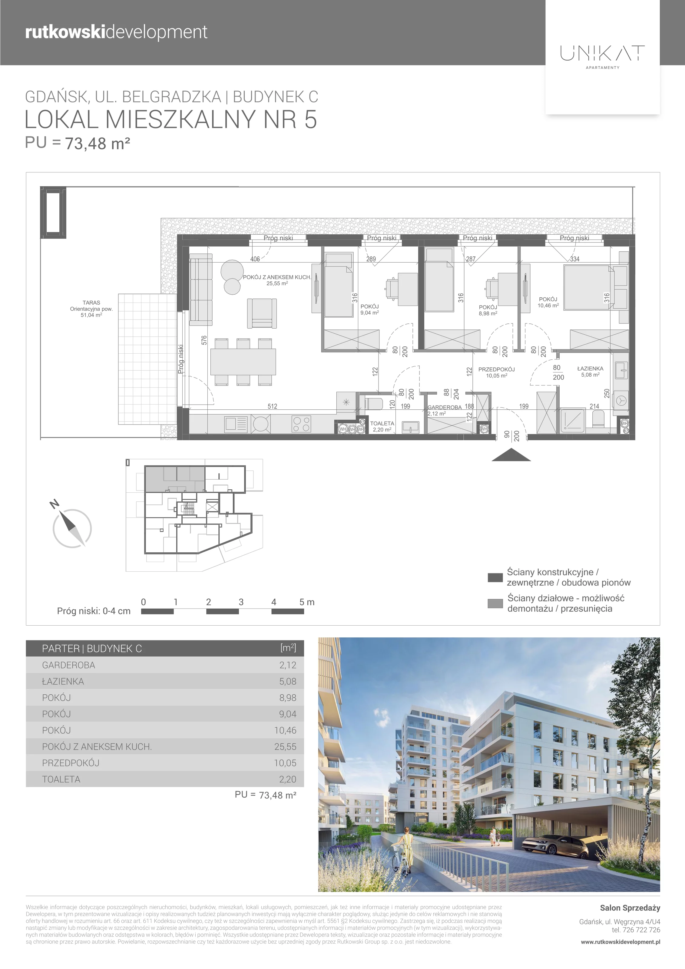 4 pokoje, mieszkanie 73,48 m², parter, oferta nr 5, Unikat Apartamenty C, Gdańsk, Piecki-Migowo, Morena, ul. Belgradzka 114
