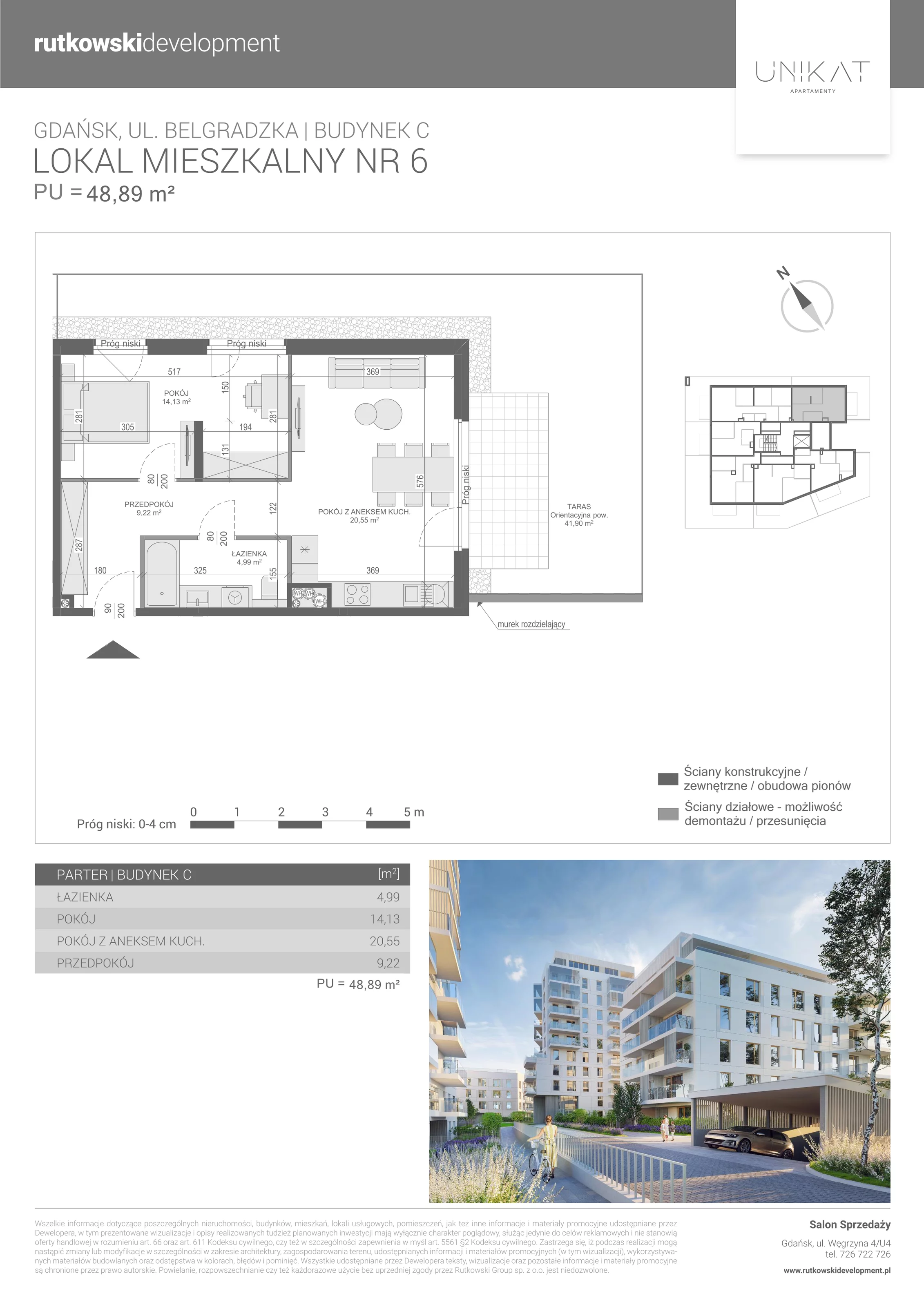 2 pokoje, mieszkanie 48,89 m², parter, oferta nr 6, Unikat Apartamenty C, Gdańsk, Piecki-Migowo, Morena, ul. Belgradzka 114