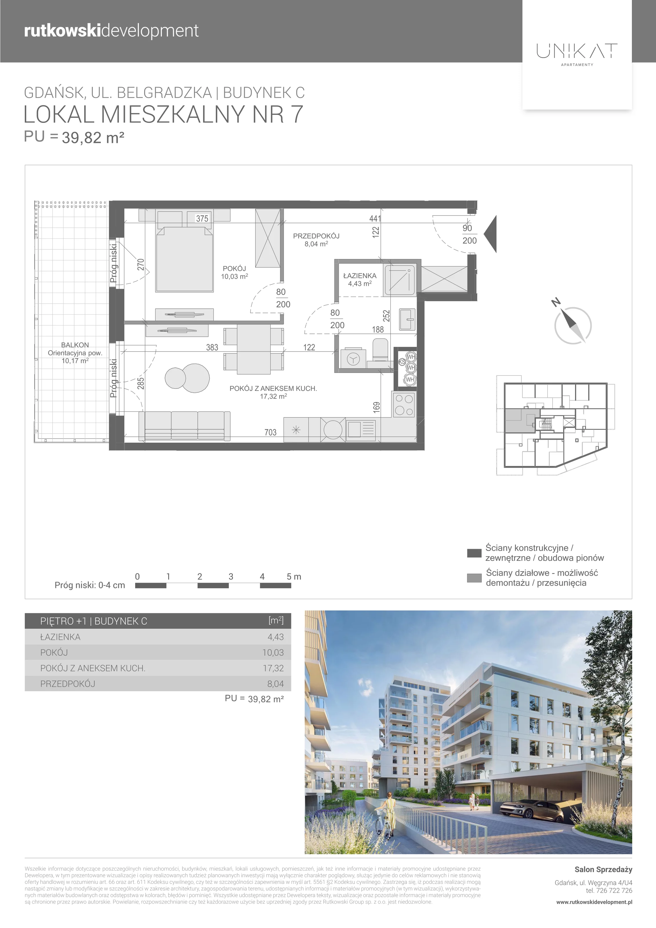 2 pokoje, mieszkanie 39,82 m², piętro 1, oferta nr 7, Unikat Apartamenty C, Gdańsk, Piecki-Migowo, Morena, ul. Belgradzka 114