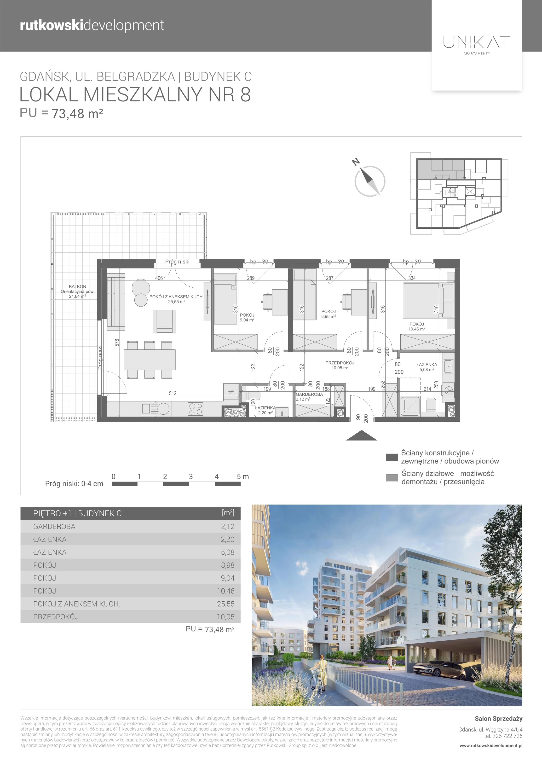 4 pokoje, mieszkanie 73,48 m², piętro 1, oferta nr 8, Unikat Apartamenty C, Gdańsk, Piecki-Migowo, Morena, ul. Belgradzka 114