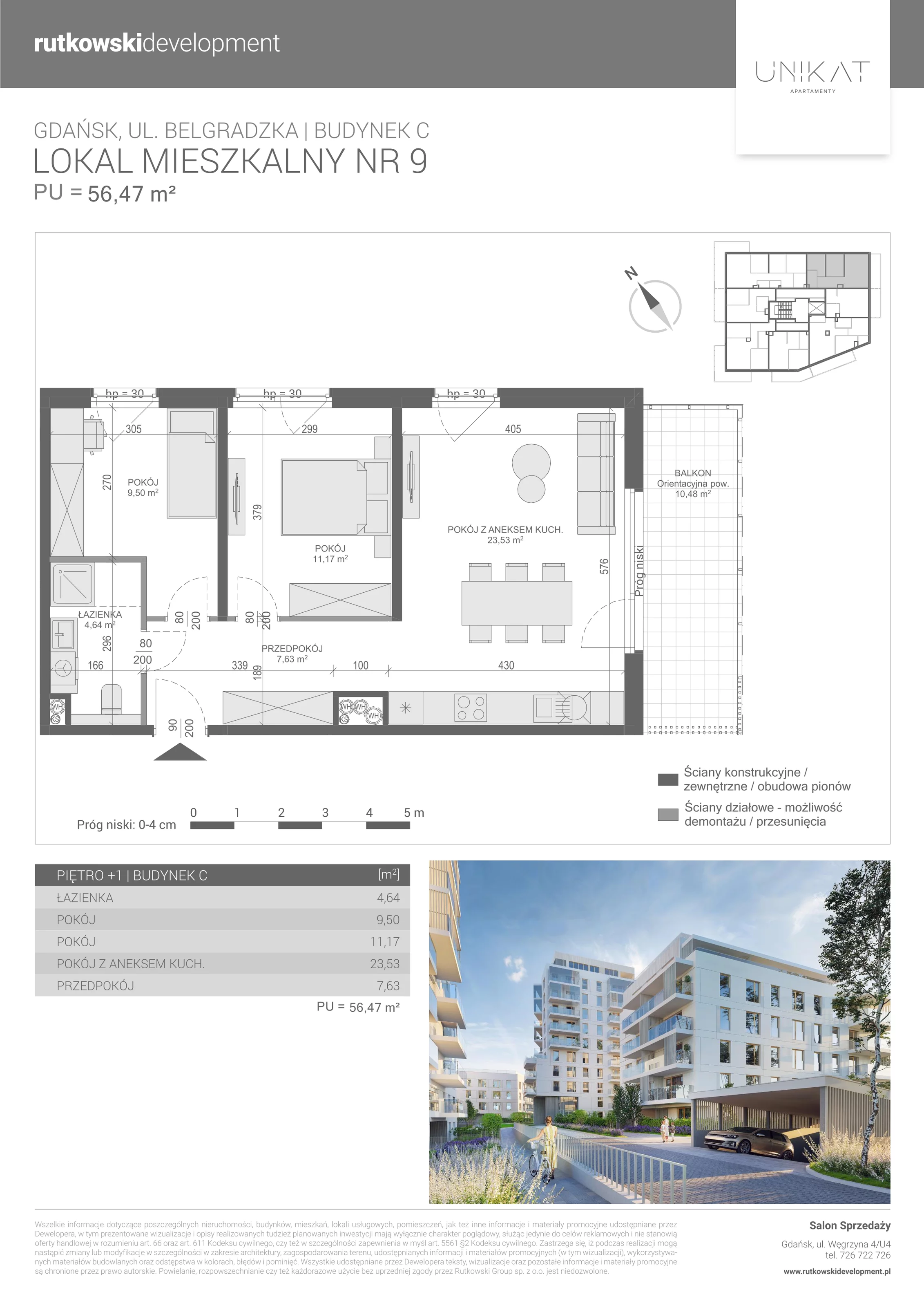 3 pokoje, mieszkanie 56,47 m², piętro 1, oferta nr 9, Unikat Apartamenty C, Gdańsk, Piecki-Migowo, Morena, ul. Belgradzka 114