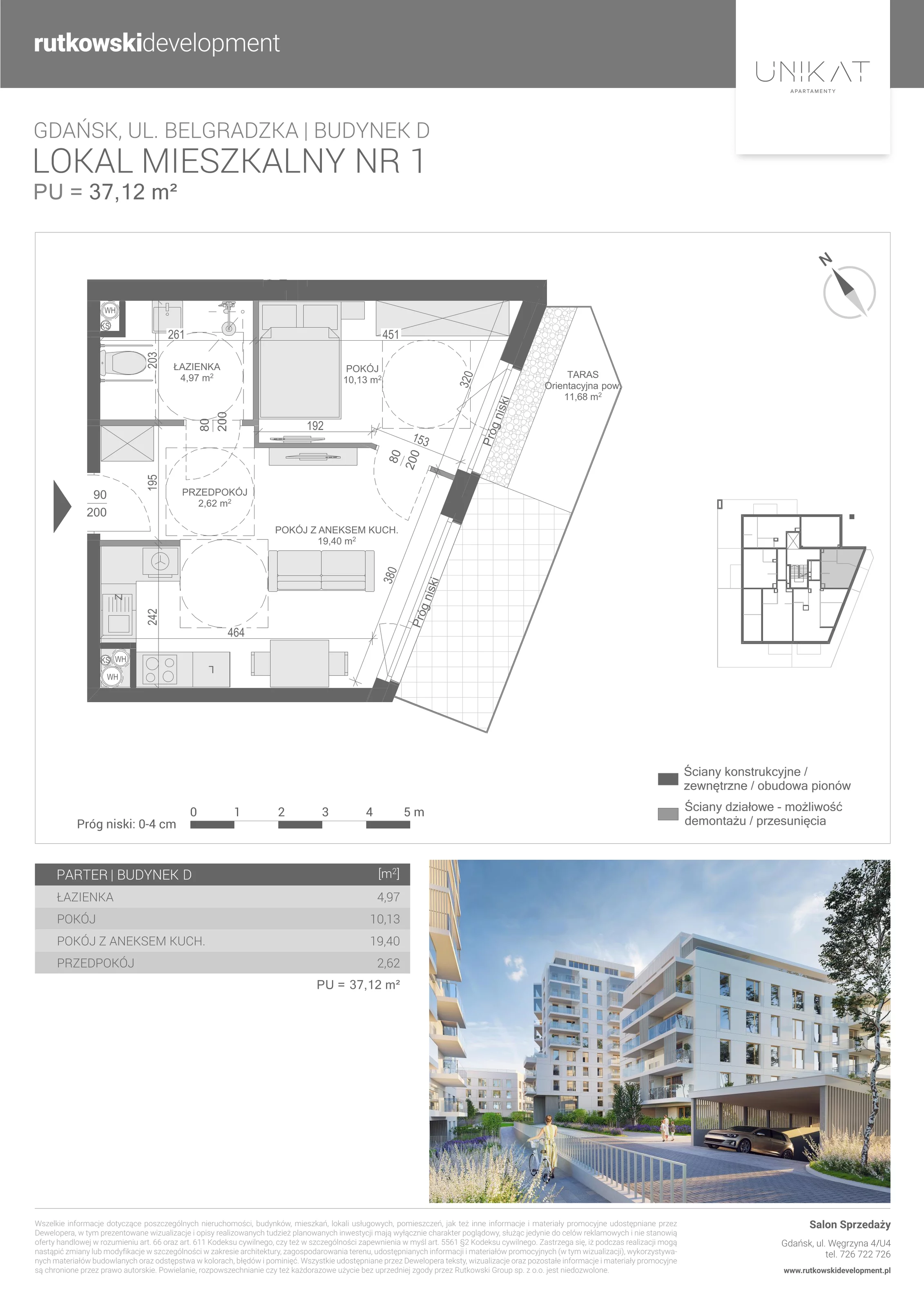 2 pokoje, mieszkanie 37,12 m², parter, oferta nr M-1, Unikat Apartamenty D, Gdańsk, Piecki-Migowo, Morena, ul. Belgradzka 114C