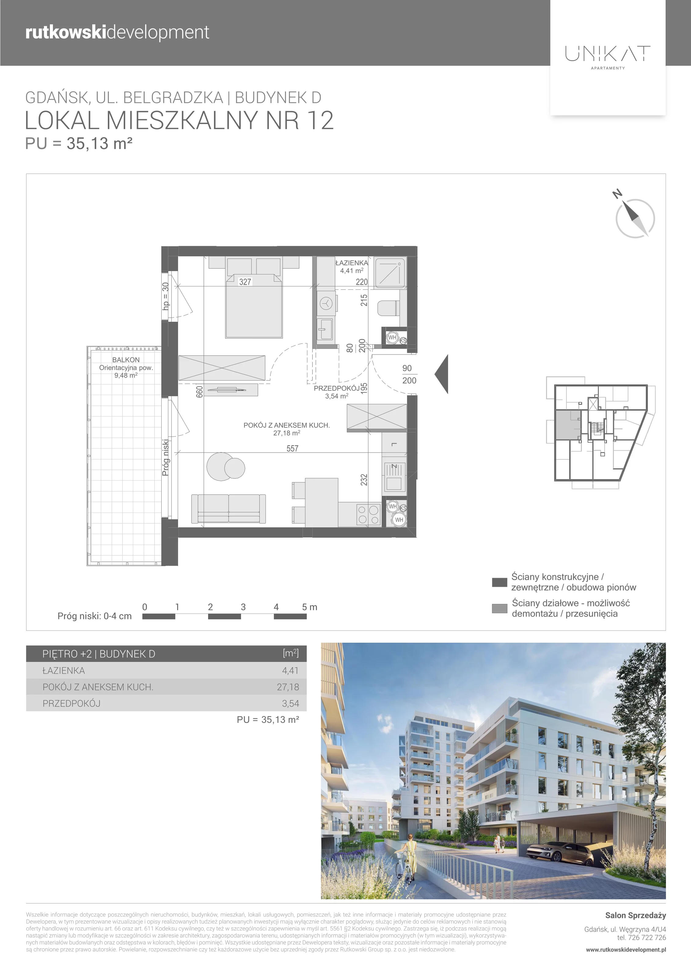 1 pokój, mieszkanie 35,13 m², piętro 2, oferta nr M-12, Unikat Apartamenty D, Gdańsk, Piecki-Migowo, Morena, ul. Belgradzka 114C