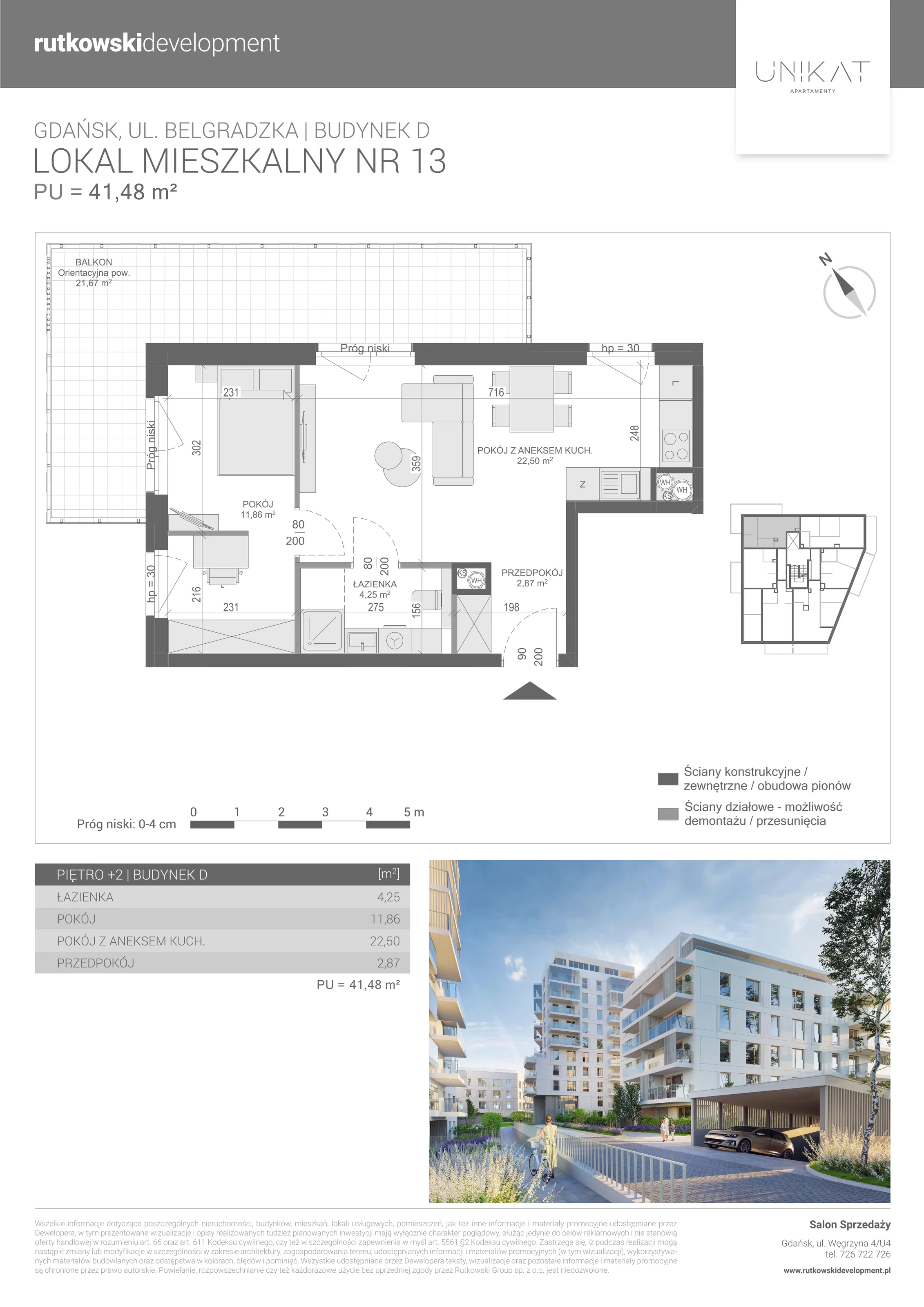 2 pokoje, mieszkanie 41,48 m², piętro 2, oferta nr M-13, Unikat Apartamenty D, Gdańsk, Piecki-Migowo, Morena, ul. Belgradzka 114C