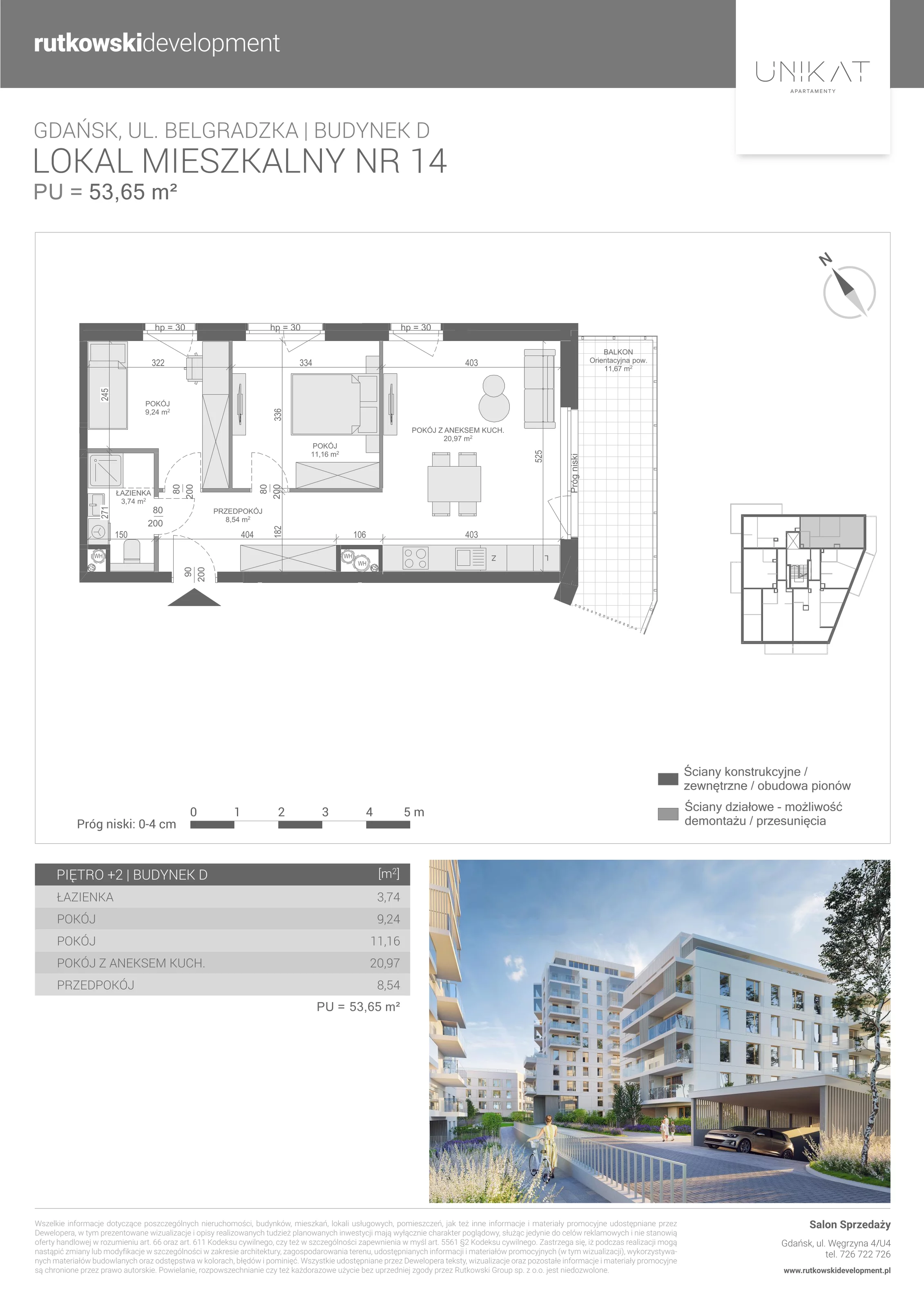 3 pokoje, mieszkanie 53,65 m², piętro 2, oferta nr M-14, Unikat Apartamenty D, Gdańsk, Piecki-Migowo, Morena, ul. Belgradzka 114C