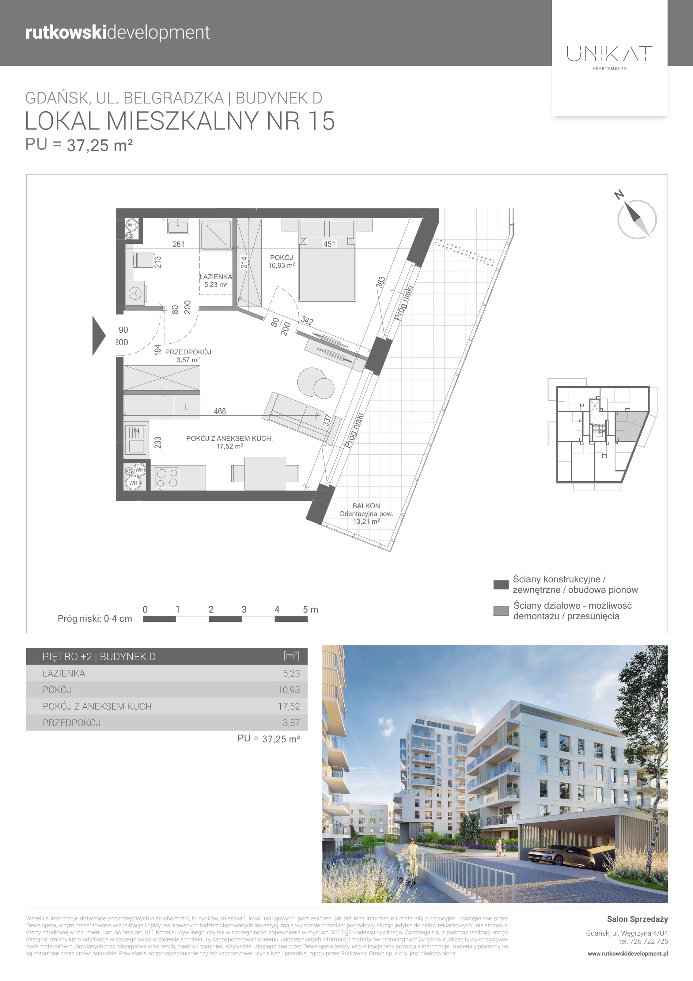 2 pokoje, mieszkanie 37,25 m², piętro 2, oferta nr M-15, Unikat Apartamenty D, Gdańsk, Piecki-Migowo, Morena, ul. Belgradzka 114C