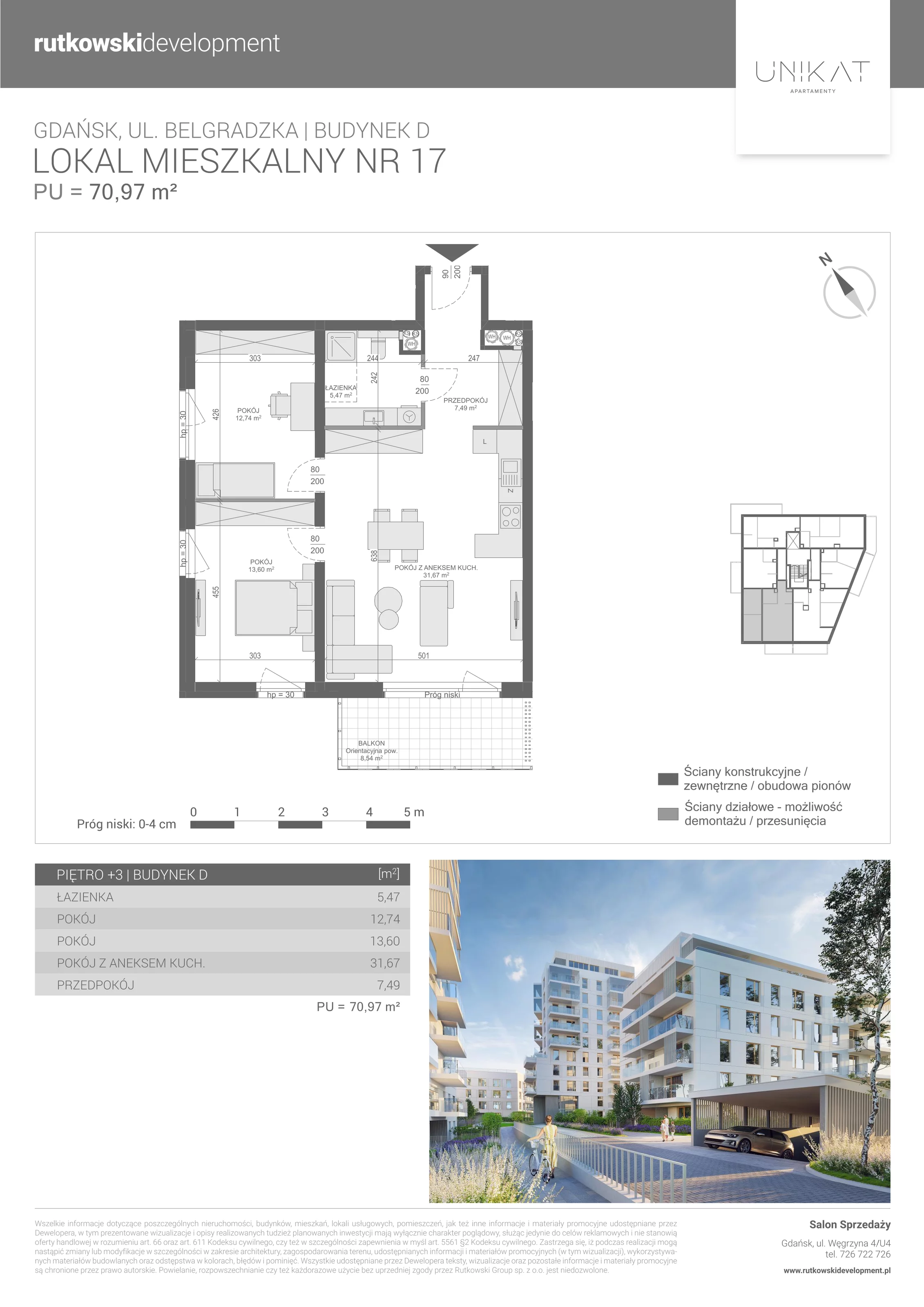 3 pokoje, mieszkanie 70,97 m², piętro 3, oferta nr M-17, Unikat Apartamenty D, Gdańsk, Piecki-Migowo, Morena, ul. Belgradzka 114C