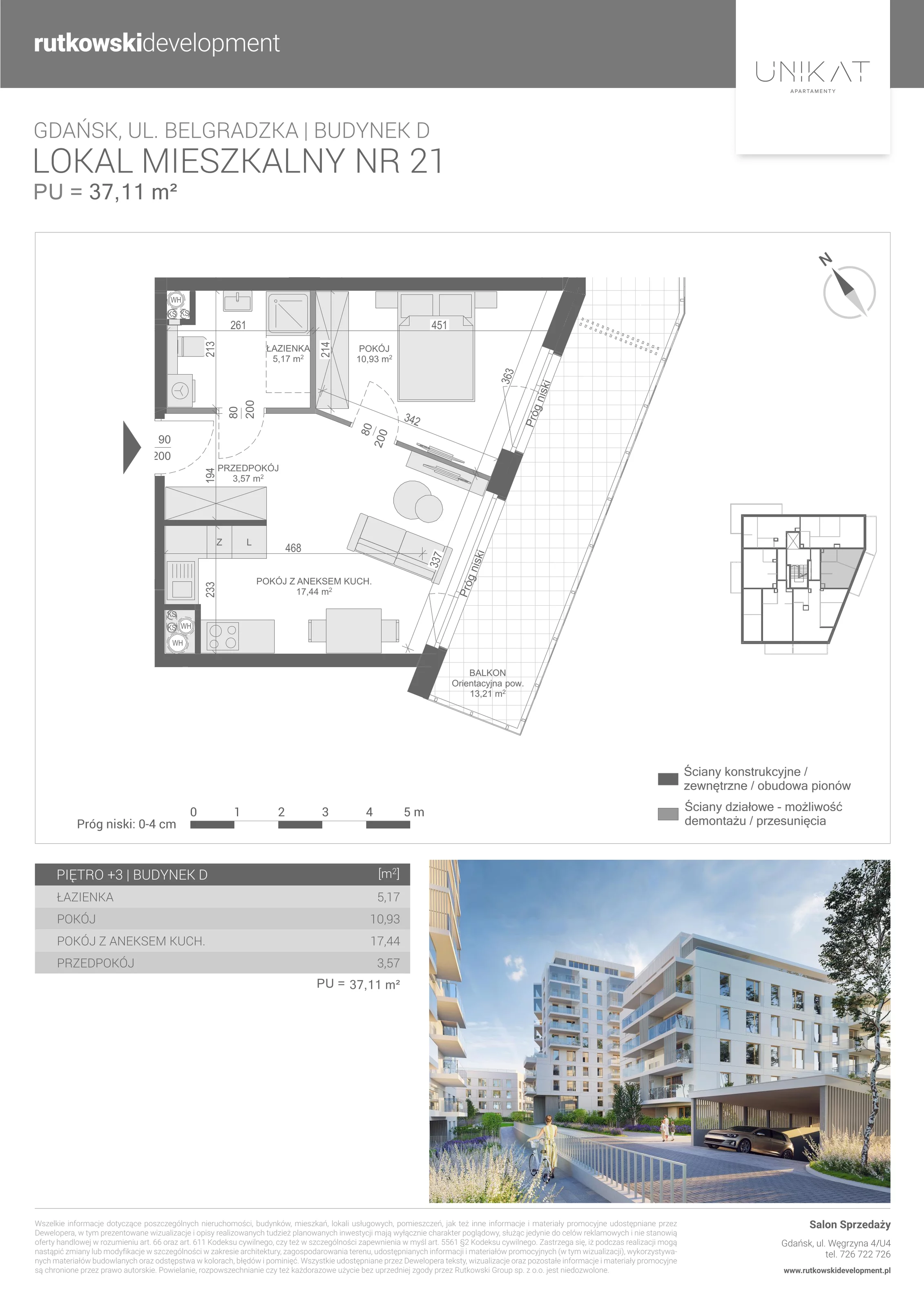 2 pokoje, mieszkanie 37,11 m², piętro 3, oferta nr M-21, Unikat Apartamenty D, Gdańsk, Piecki-Migowo, Morena, ul. Belgradzka 114C