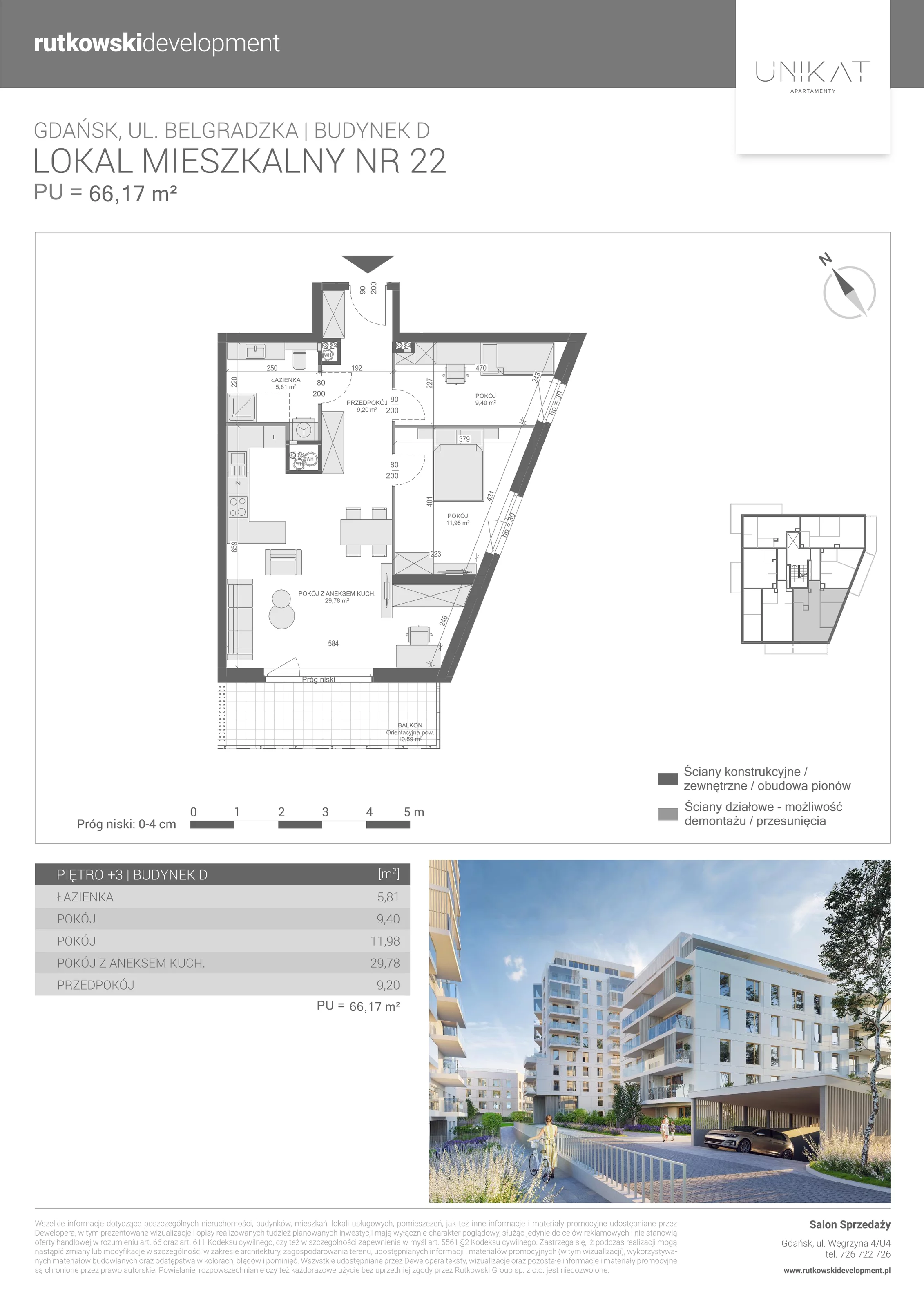 3 pokoje, mieszkanie 66,17 m², piętro 3, oferta nr M-22, Unikat Apartamenty D, Gdańsk, Piecki-Migowo, Morena, ul. Belgradzka 114C