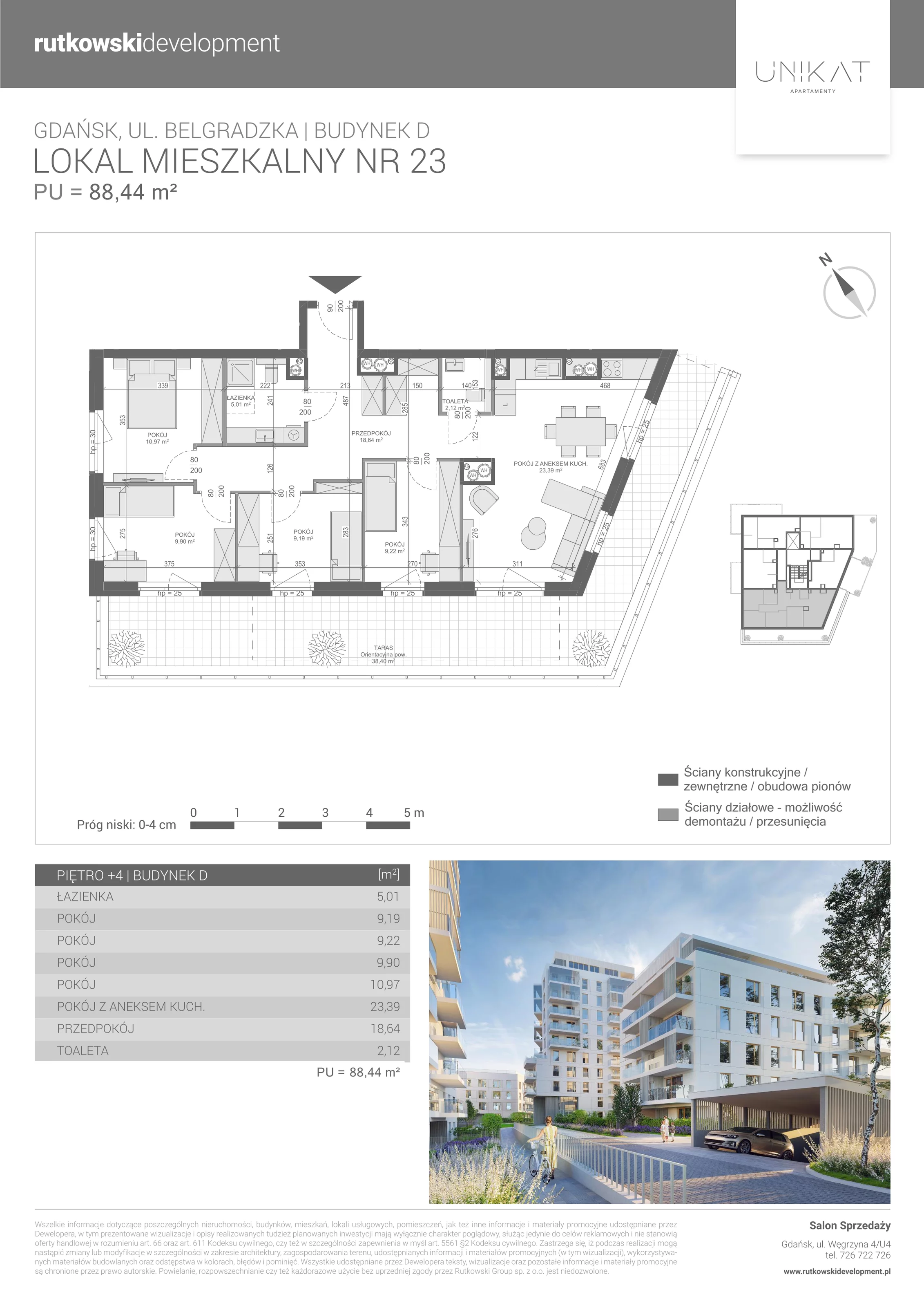 5 pokoi, mieszkanie 88,44 m², piętro 4, oferta nr M-23, Unikat Apartamenty D, Gdańsk, Piecki-Migowo, Morena, ul. Belgradzka 114C