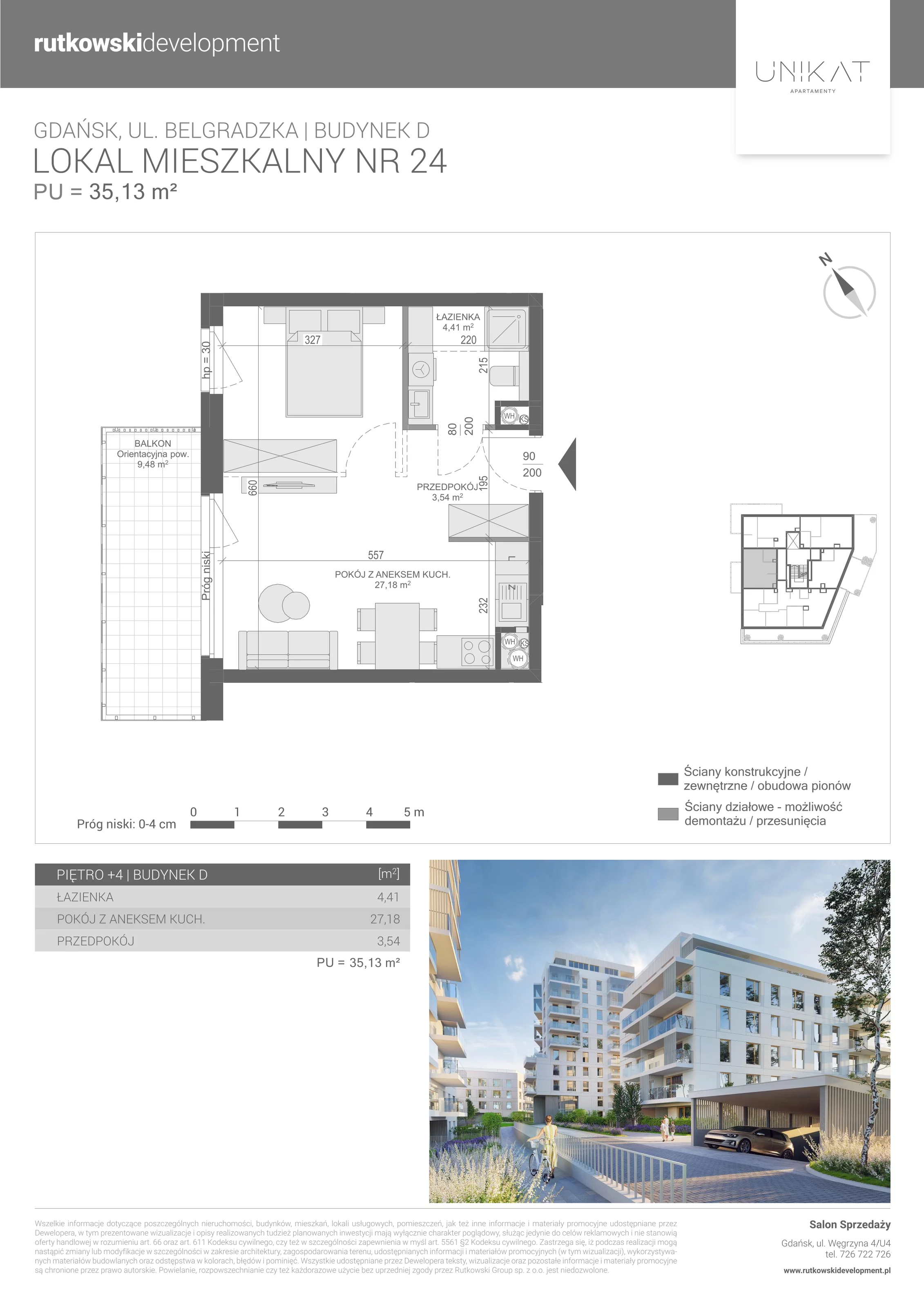 1 pokój, mieszkanie 35,13 m², piętro 4, oferta nr M-24, Unikat Apartamenty D, Gdańsk, Piecki-Migowo, Morena, ul. Belgradzka 114C