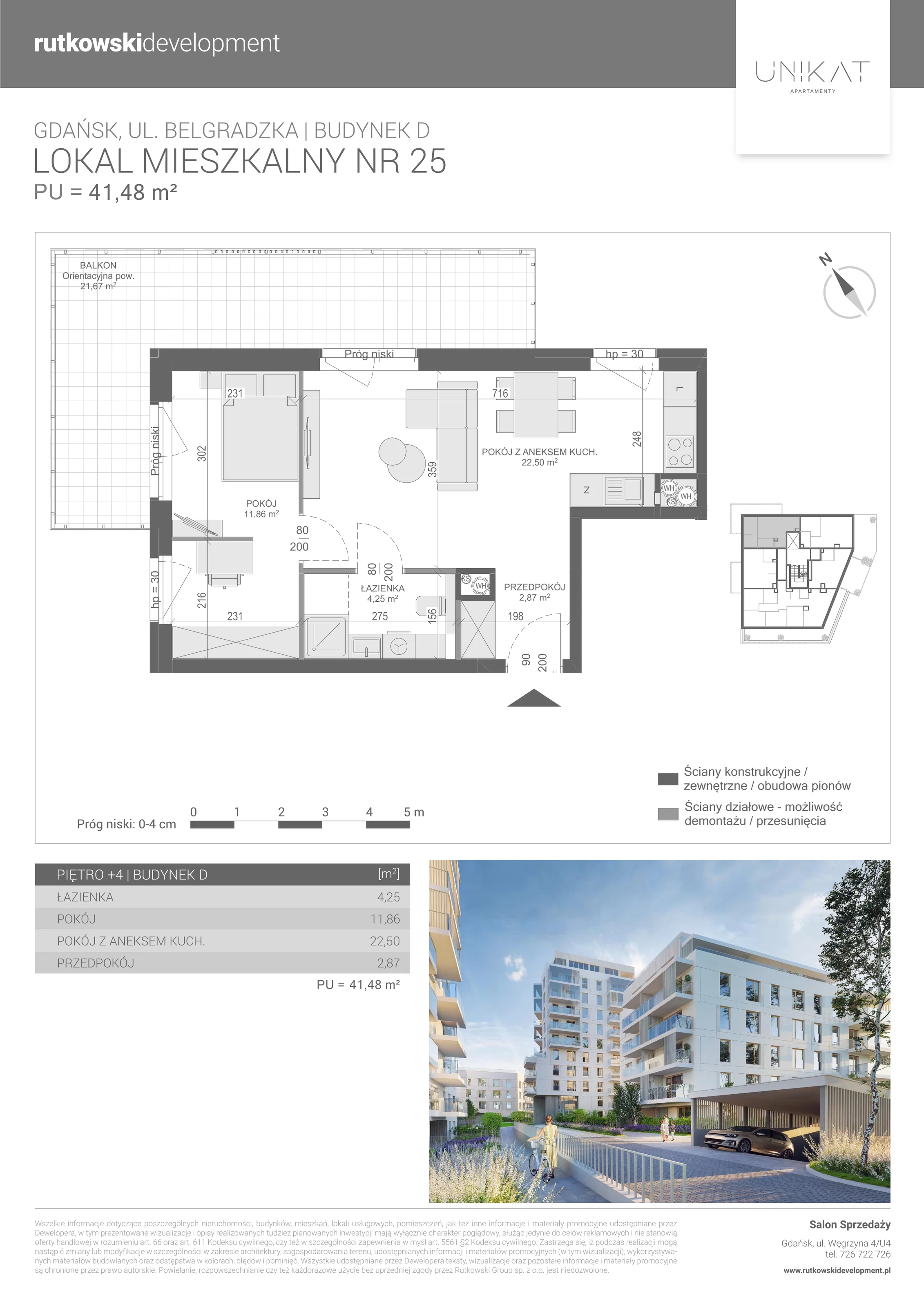 2 pokoje, mieszkanie 41,48 m², piętro 4, oferta nr M-25, Unikat Apartamenty D, Gdańsk, Piecki-Migowo, Morena, ul. Belgradzka 114C