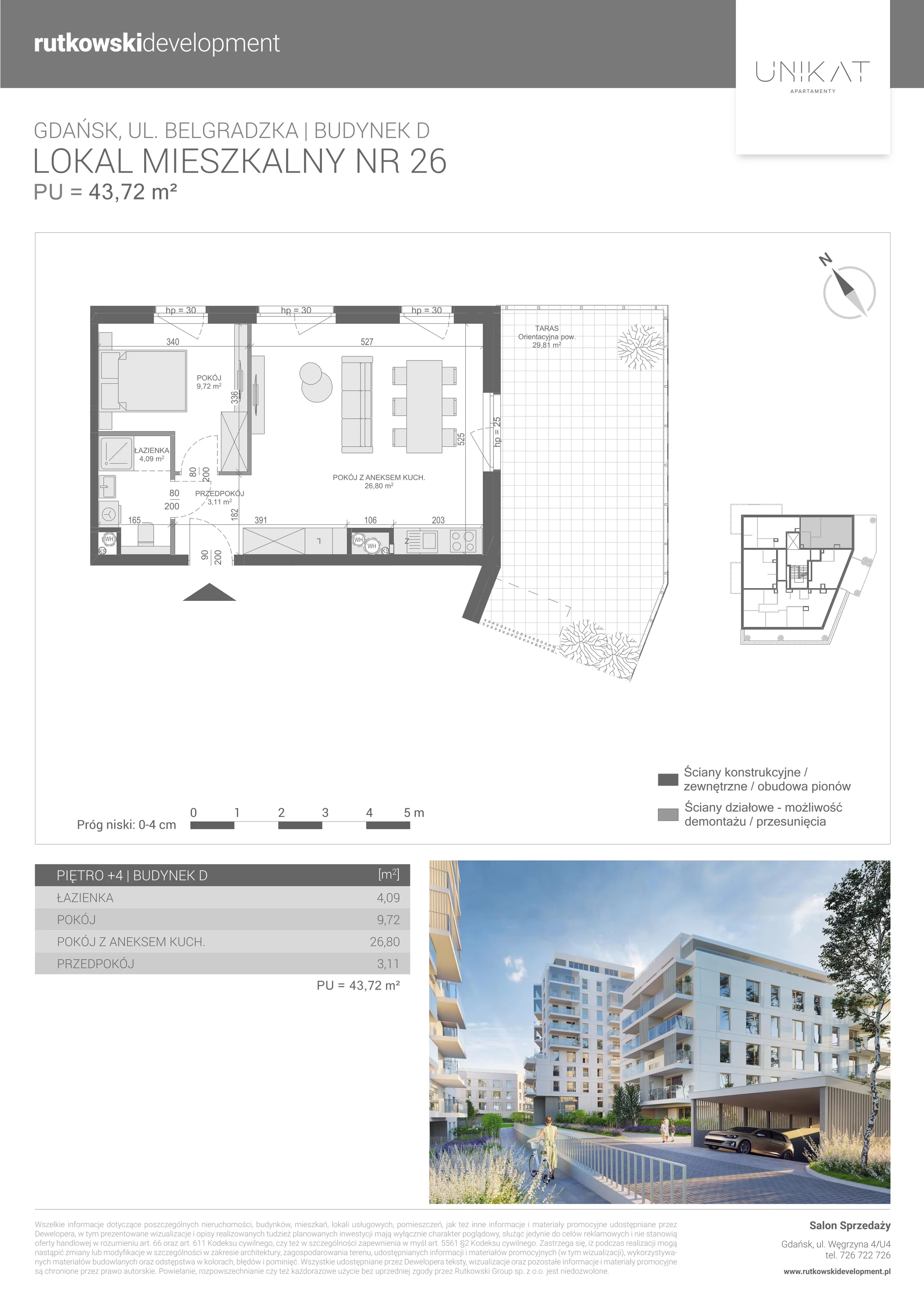 2 pokoje, mieszkanie 43,72 m², piętro 4, oferta nr M-26, Unikat Apartamenty D, Gdańsk, Piecki-Migowo, Morena, ul. Belgradzka 114C