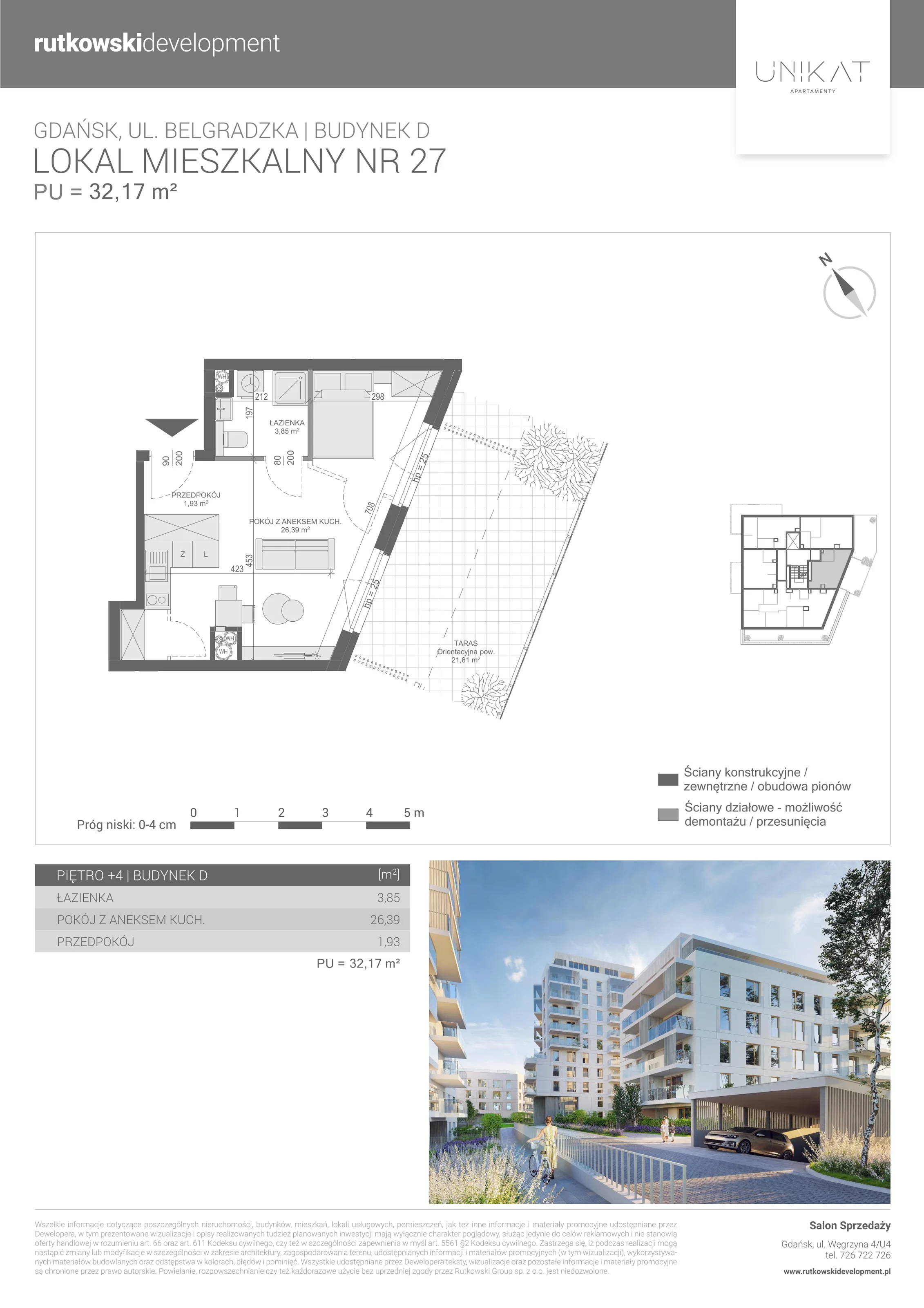 1 pokój, mieszkanie 32,17 m², piętro 4, oferta nr M-27, Unikat Apartamenty D, Gdańsk, Piecki-Migowo, Morena, ul. Belgradzka 114C