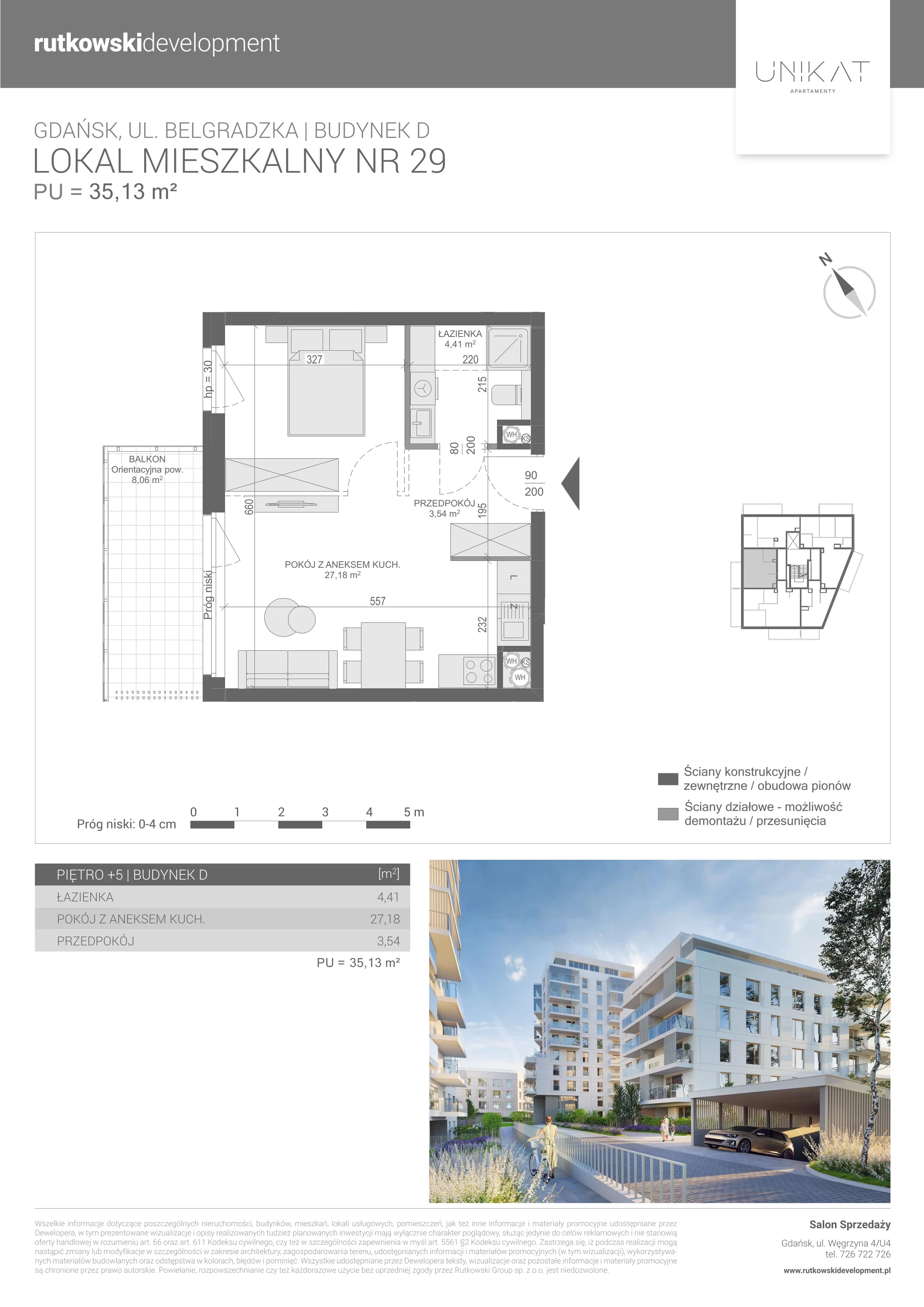 1 pokój, mieszkanie 35,13 m², piętro 5, oferta nr M-29, Unikat Apartamenty D, Gdańsk, Piecki-Migowo, Morena, ul. Belgradzka 114C