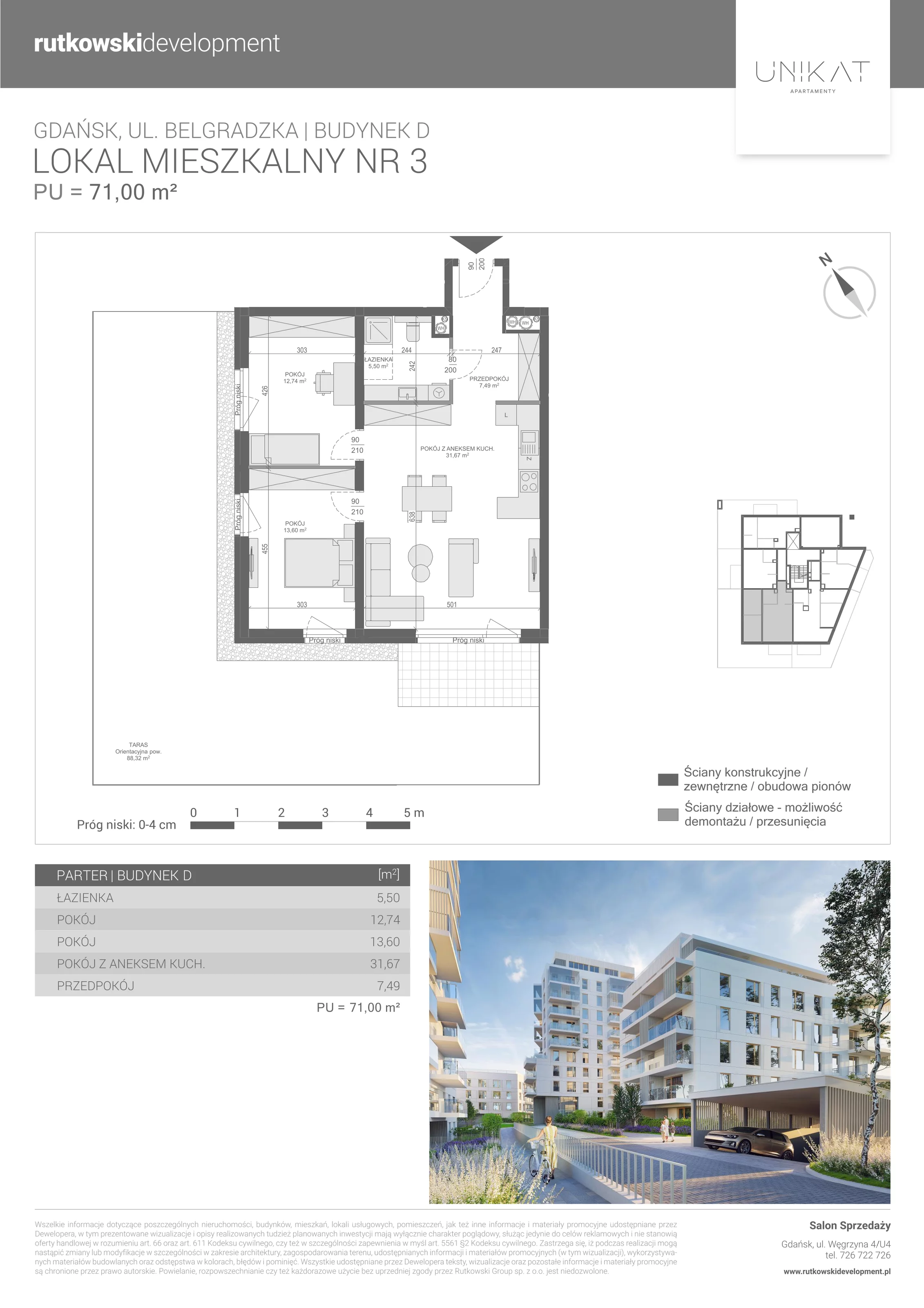 3 pokoje, mieszkanie 71,00 m², parter, oferta nr M-3, Unikat Apartamenty D, Gdańsk, Piecki-Migowo, Morena, ul. Belgradzka 114C