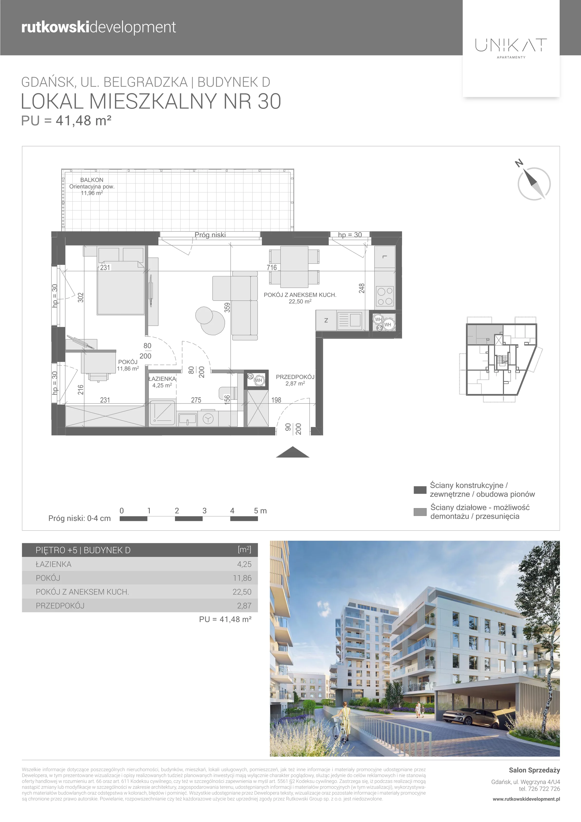 2 pokoje, mieszkanie 41,48 m², piętro 5, oferta nr M-30, Unikat Apartamenty D, Gdańsk, Piecki-Migowo, Morena, ul. Belgradzka 114C