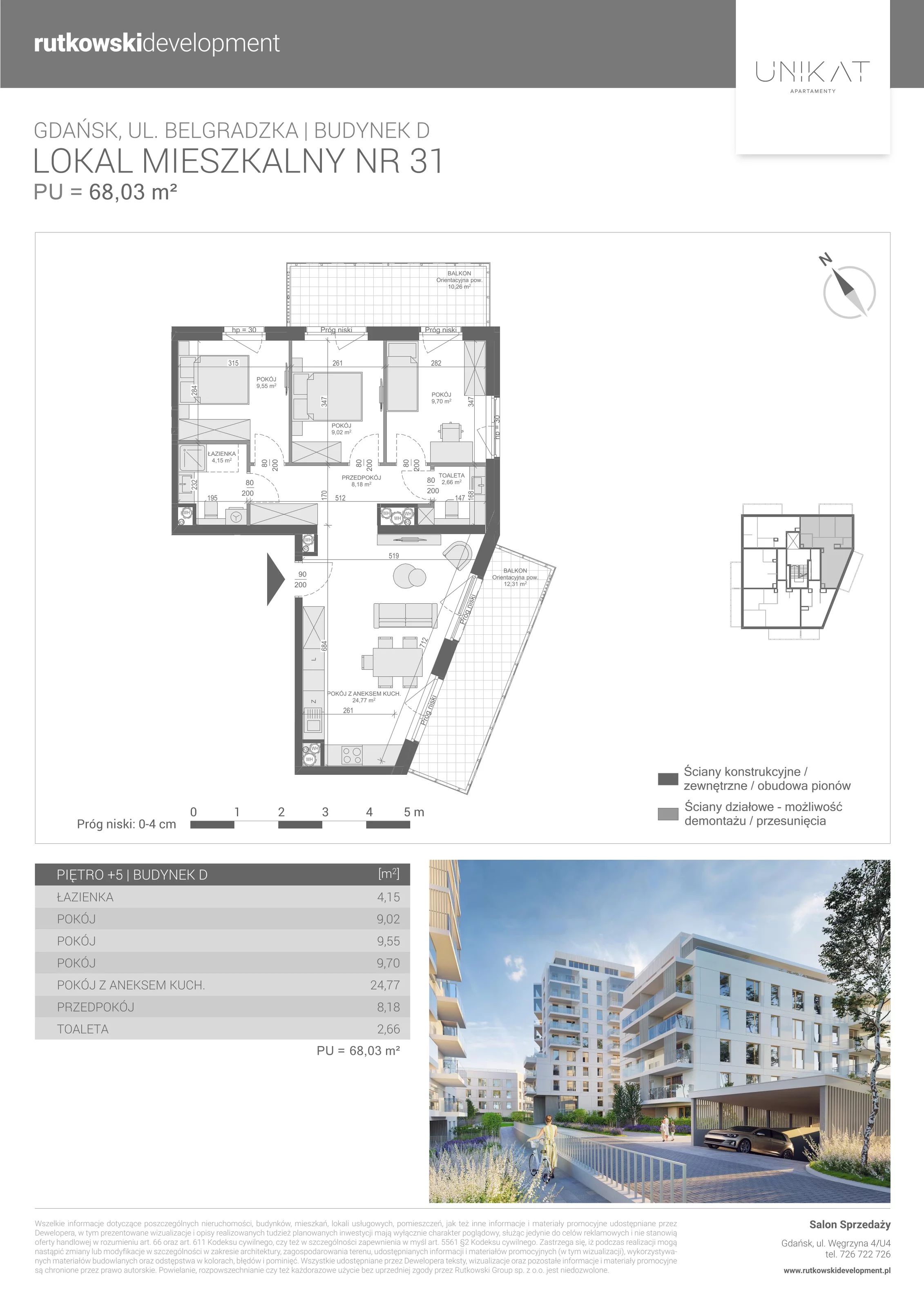 4 pokoje, mieszkanie 68,03 m², piętro 5, oferta nr M-31, Unikat Apartamenty D, Gdańsk, Piecki-Migowo, Morena, ul. Belgradzka 114C