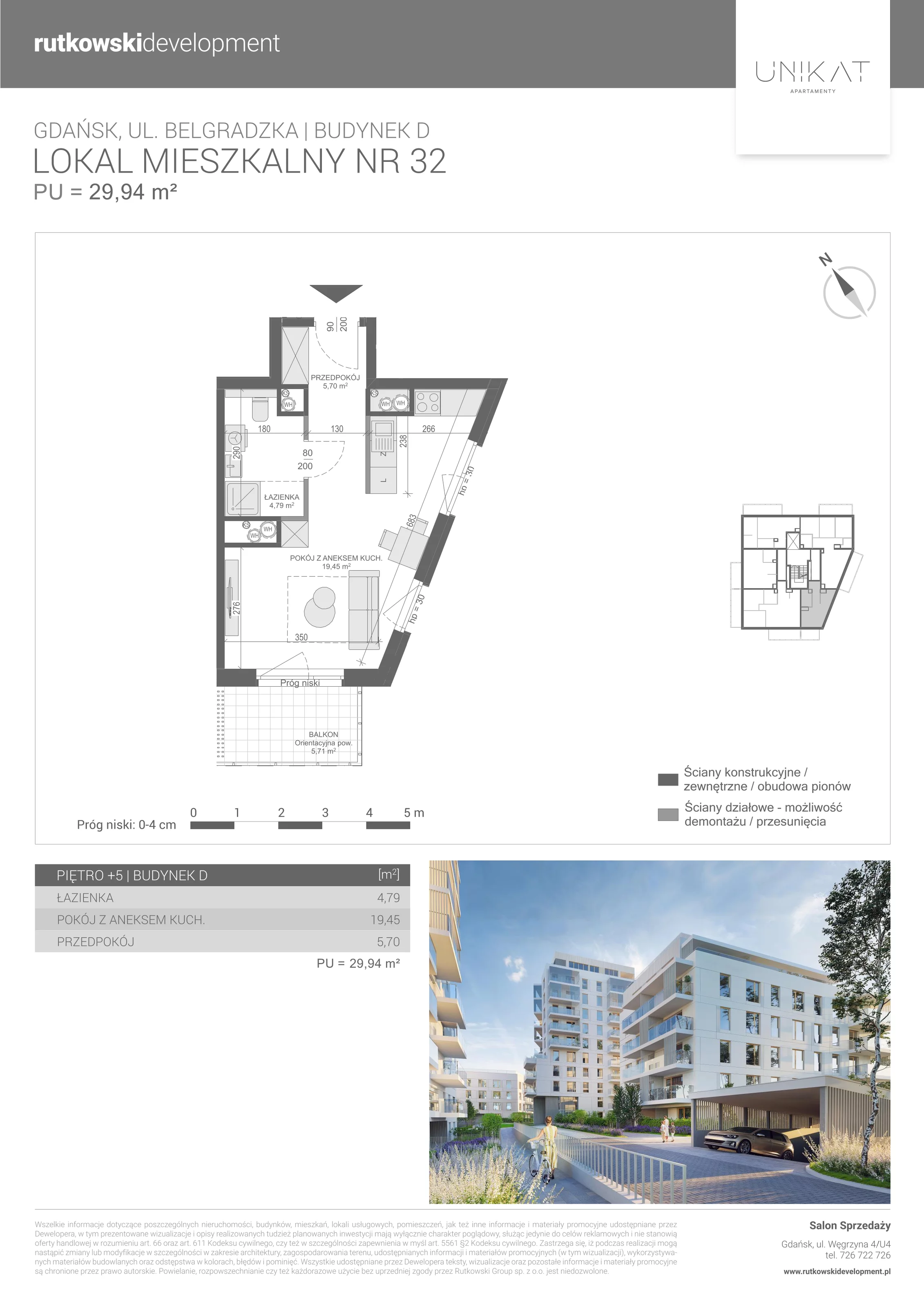 1 pokój, mieszkanie 29,94 m², piętro 5, oferta nr M-32, Unikat Apartamenty D, Gdańsk, Piecki-Migowo, Morena, ul. Belgradzka 114C