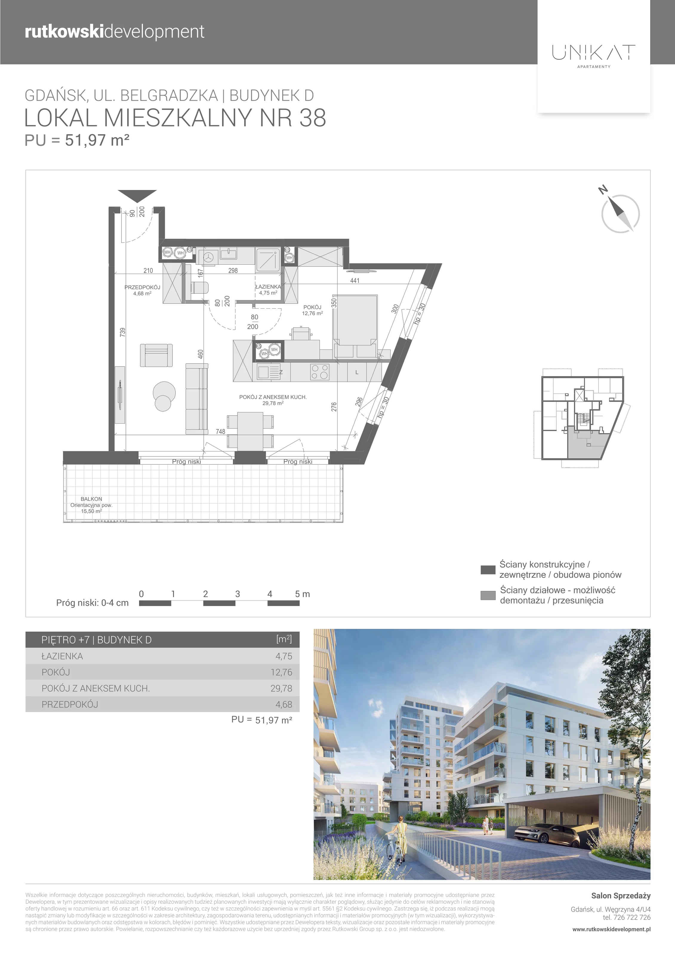 2 pokoje, mieszkanie 51,97 m², piętro 7, oferta nr M-38, Unikat Apartamenty D, Gdańsk, Piecki-Migowo, Morena, ul. Belgradzka 114C