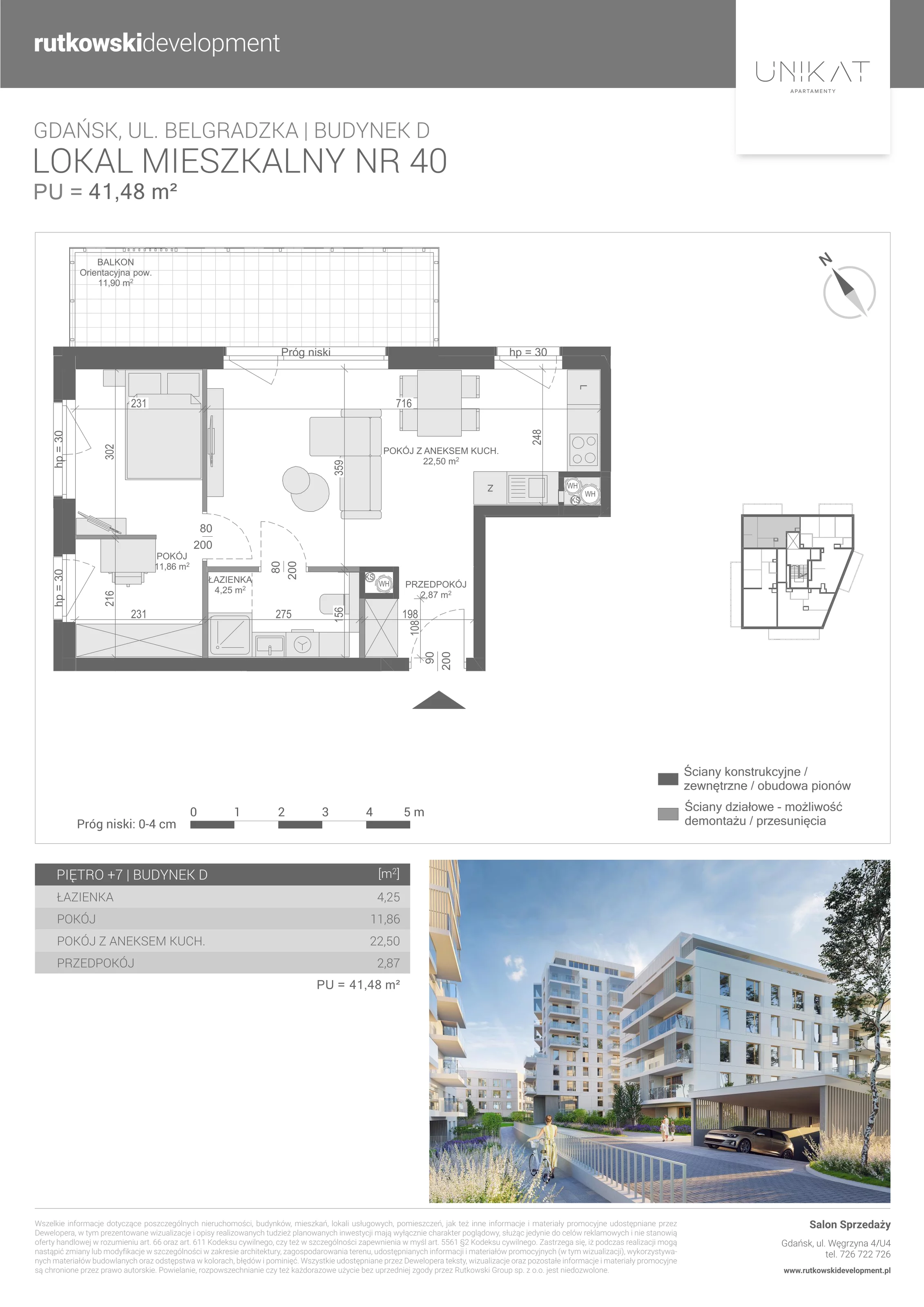 2 pokoje, mieszkanie 41,48 m², piętro 7, oferta nr M-40, Unikat Apartamenty D, Gdańsk, Piecki-Migowo, Morena, ul. Belgradzka 114C