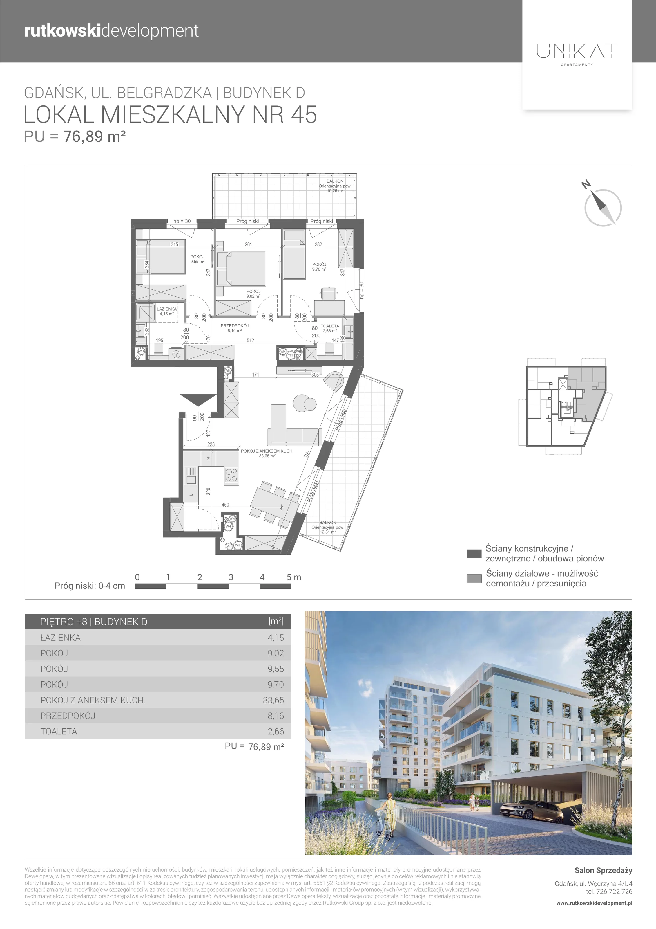 4 pokoje, mieszkanie 76,89 m², piętro 8, oferta nr M-45, Unikat Apartamenty D, Gdańsk, Piecki-Migowo, Morena, ul. Belgradzka 114C